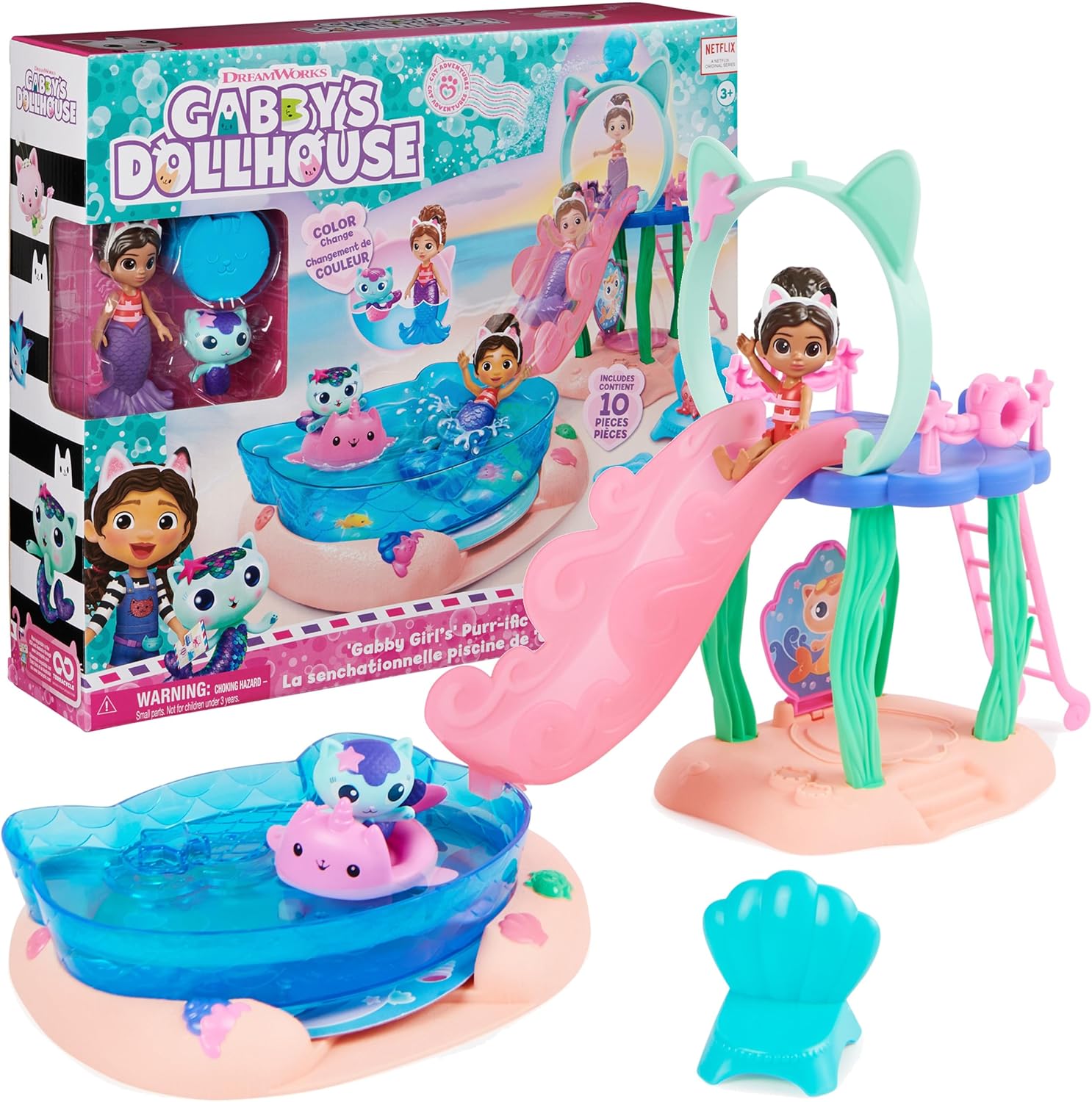 Gabby's Dollhouse, Purr-ific Pool Playset with Gabby and Mercat Figures, Color-Changing Mermaid Tails and Pool Accessories Kids Toys for Ages 3 and Up
