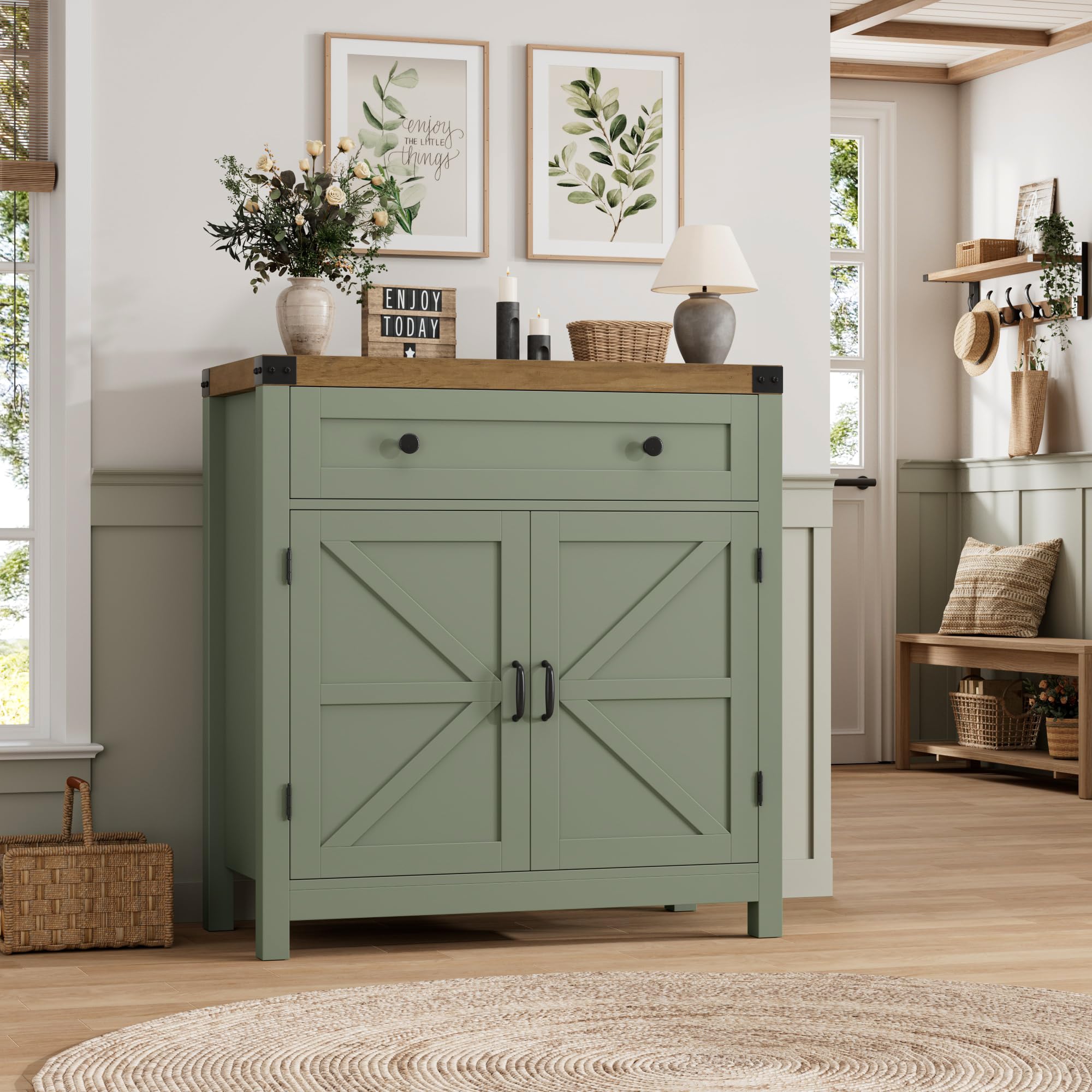 HOSTACK Coffee Bar Cabinet, Kitchen Storage Cabinet, Modern Farmhouse Buffet Sideboard with Drawer and Adjustable Shelf, Barn Door Accent Cabinets for Kitchen, Dining Room, Entryway, Ash Grey