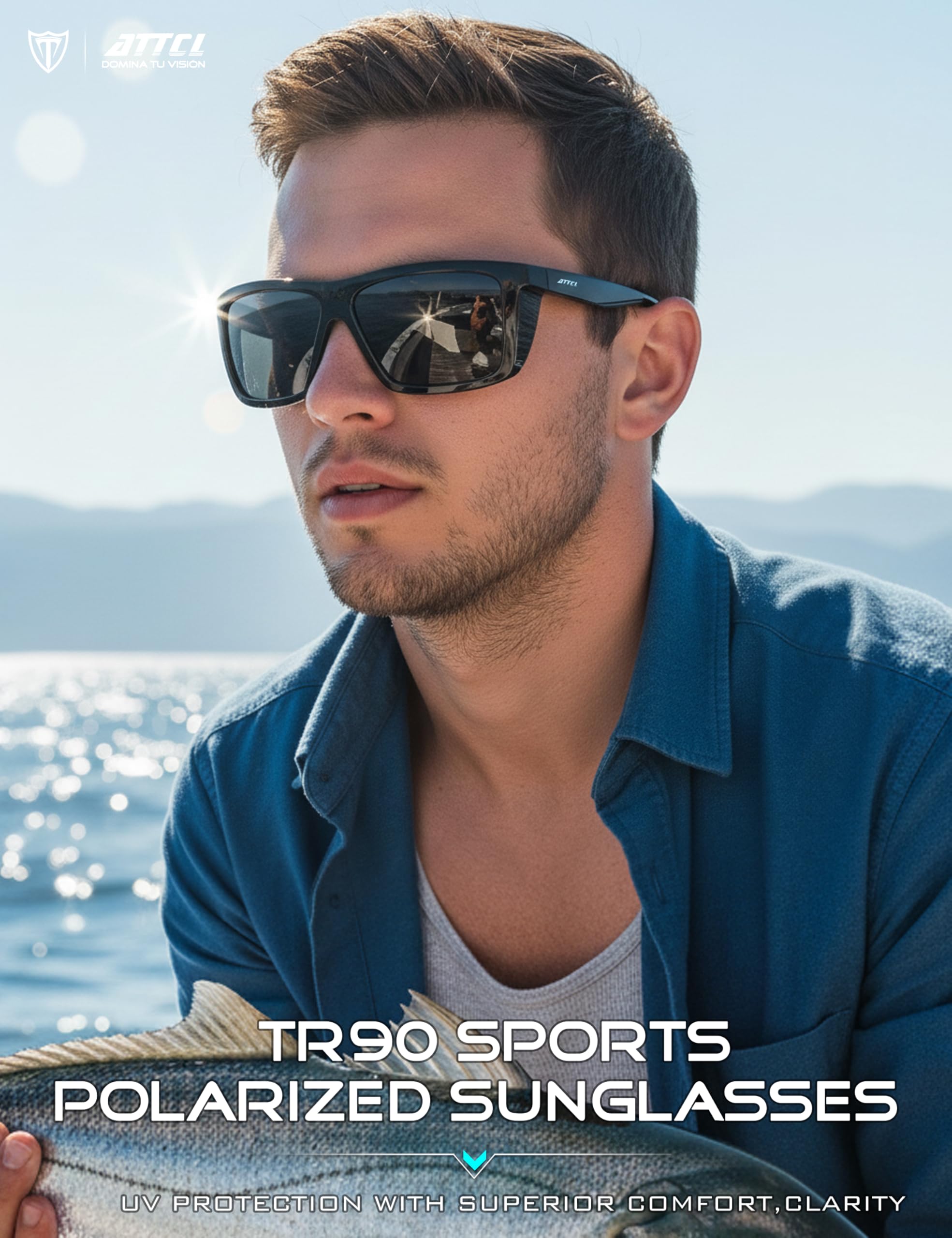 ATTCL Sports Polarized Sunglasses for Men: Secure Anti-Slip Lightweight TR90 Square Frame UV Protection for Driving Fishing