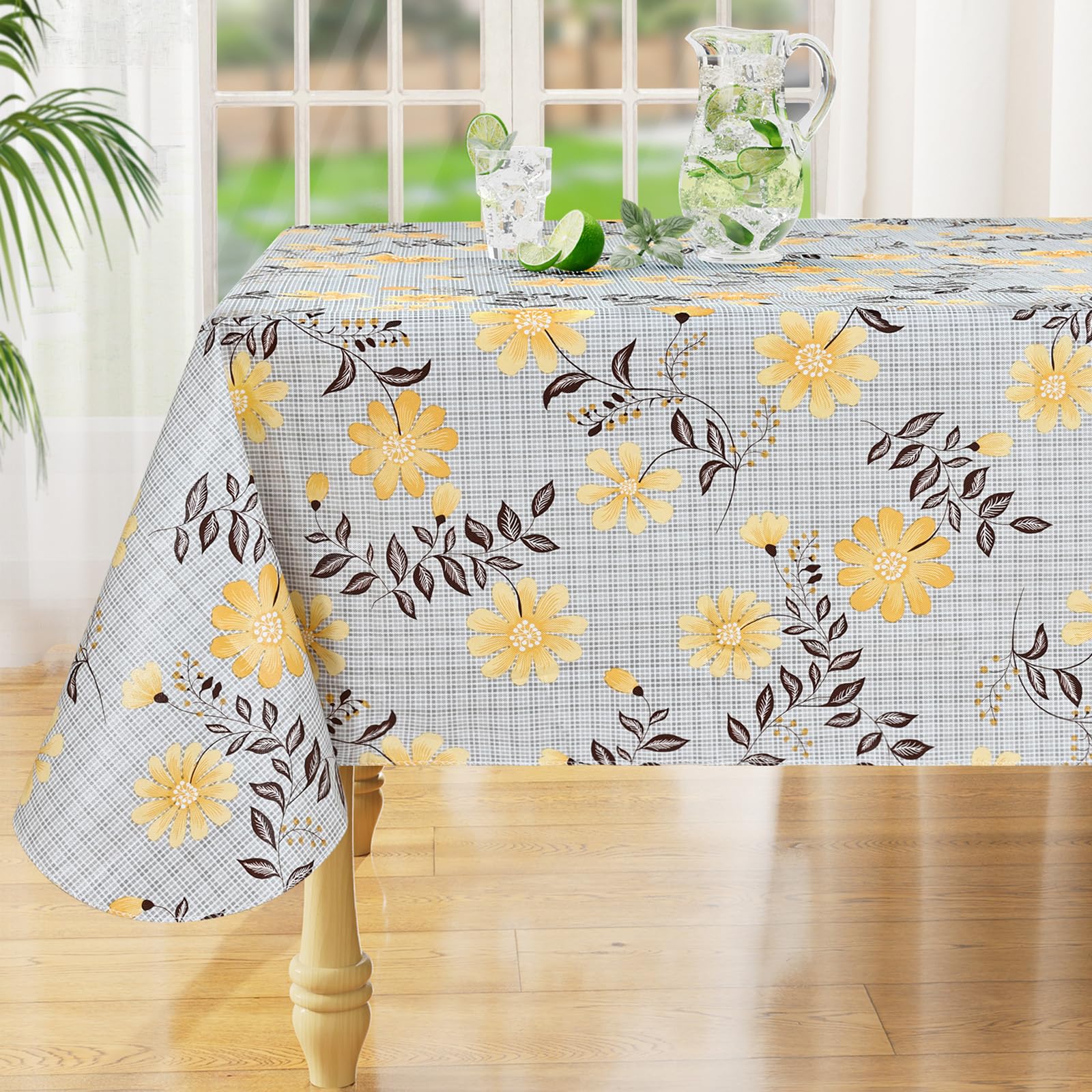 misaya Square Waterproof Vinyl Table Cloth, Wipeable Tablecloth with Flannel Backing, Plastic Table Cover for Dinner, Picnic, Indoor and Outdoor (Blue Leaves, 54" x 54")