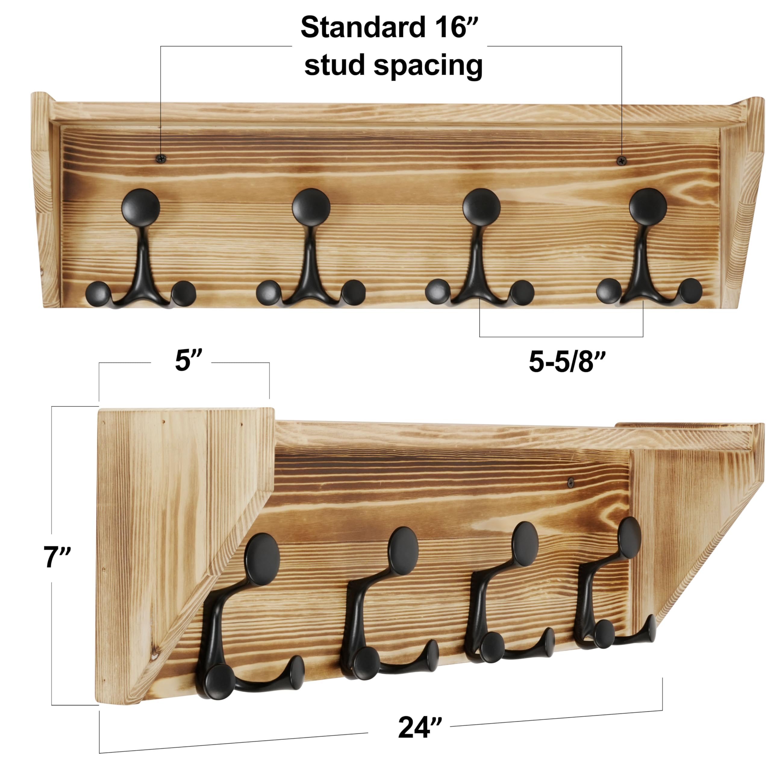 SKOLOO Wall Shelf with Hooks, 24-Inch Cherry Coat Rack Wall Mount with Shelf Organizer - Heavy Duty, 4 Tri Hooks - Perfect for Entryway, Hallway, Living Room, Bedroom, Mudroom