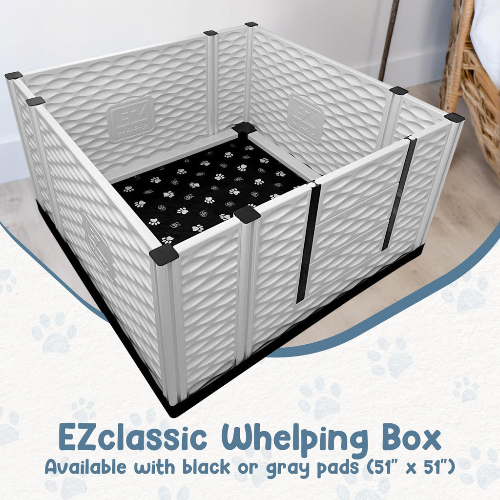 EZwhelp EZclassic Windowed 48"x48"x18" Whelping Box with Rails and Windowed Walls, Padded Dog Whelping Box, Black Pad