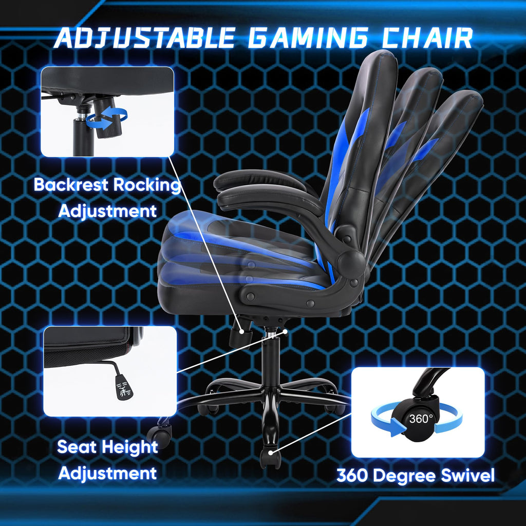 OLIXIS Computer Gaming Desk Chair - Ergonomic Video Game with Comfy Lumbar Support and headrest, PU Leather with Flip-up Arms, Adjustable Height and Swivel Wheels, for Adults, Black