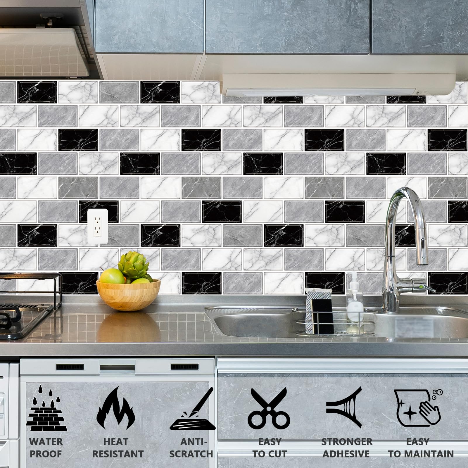 URCOLOR 10-Sheet Back Splashes for Kitchens Peel and Stick,12"x12" Self Adhesive Subway Wall Tiles Stick on backsplash Tiles for Bathroom Black Marble