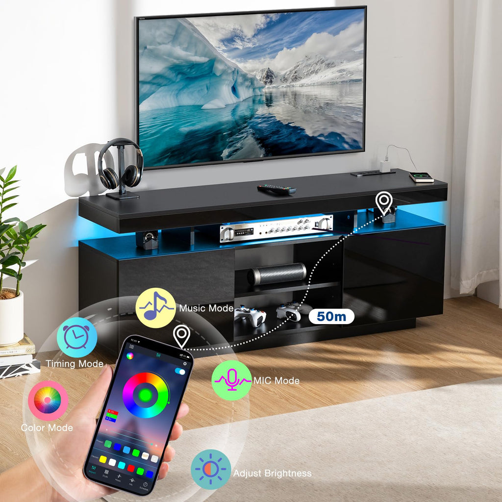 HOMMPA Modern LED TV Stand for 55 Inch TV, Black Tall TV Console with Power Outlet, Entertainment Center with Storage, High Gloss Gaming Media Console Cabinet for Living Room (47 Inch)