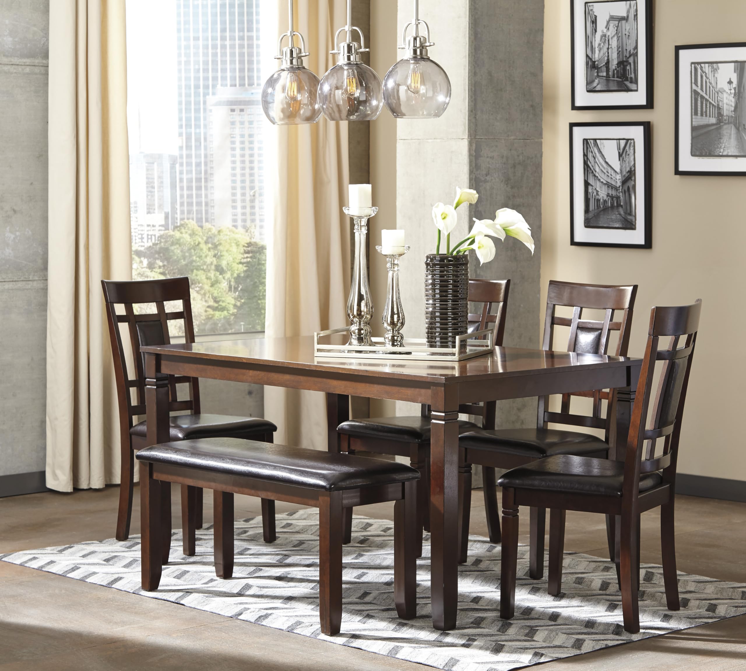 Signature Design by Ashley Bennox 6 Piece Dining Set with Upholstered Bench, Table & 4 Upholstered Chairs, Seats 6, Wood, Brown