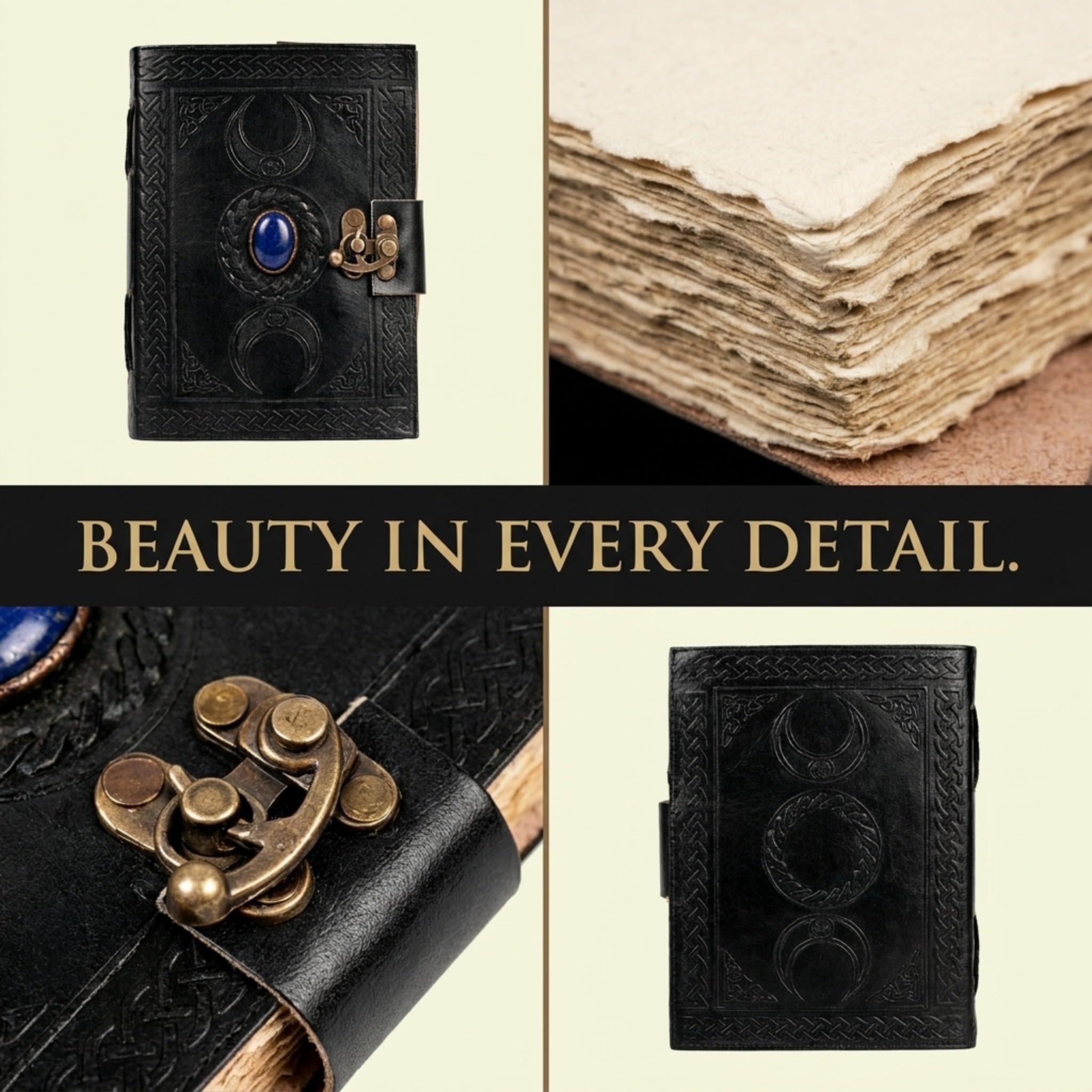 3 Moon Blue Lapis Embossed Vintage Leather Journal | 240 Pages of Antique Handmade Deckle Edge Vintage Paper, Leather Sketchbook, Drawing Journal, Great Gift (5 by 7 inch, black)
