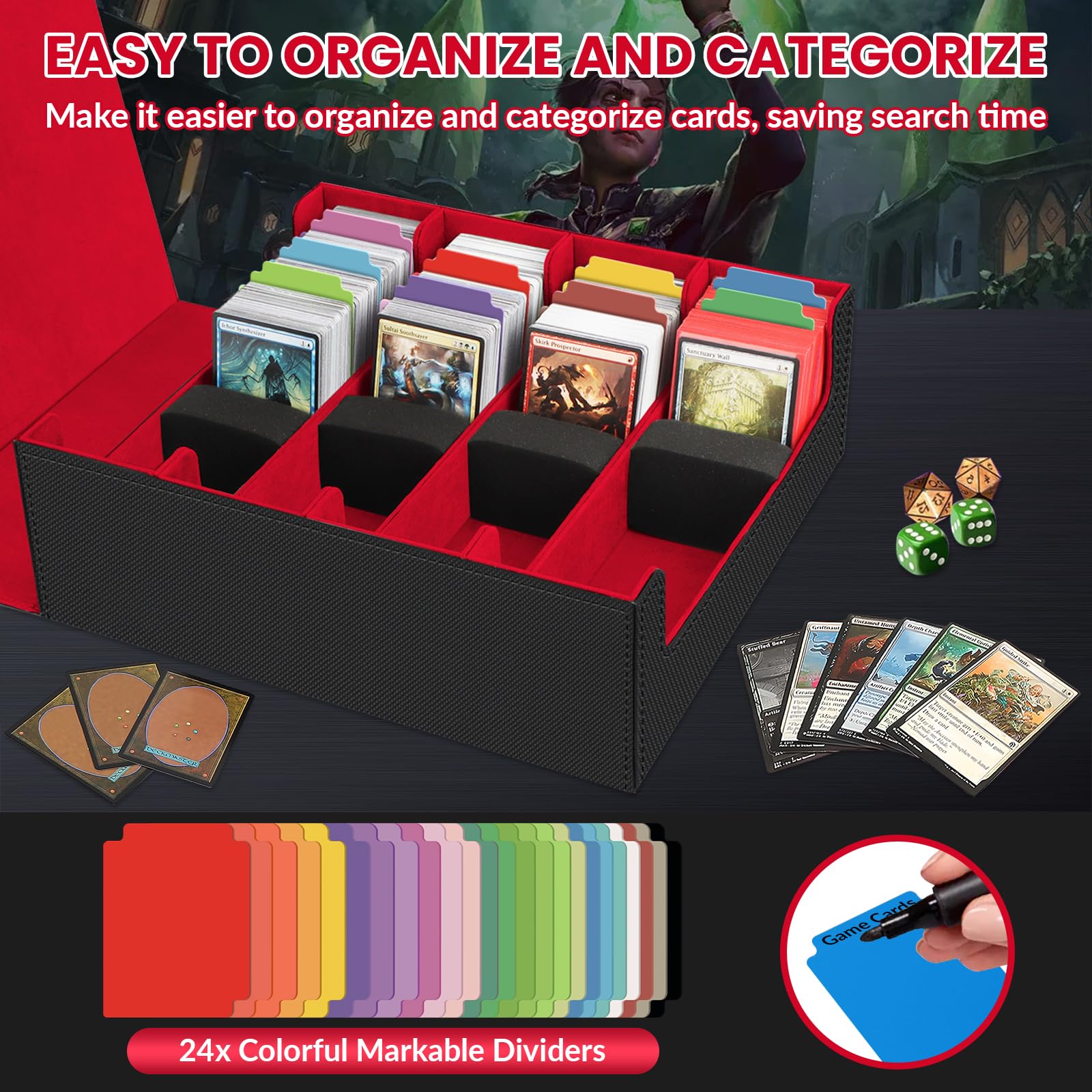 AOBOPLE Trading Card Storage Box,3200+ Card Box Storage with 24 Dividers and 4 Foam Supporters PU Leather Magnetic Cards Deck Case for MTG TCG Magic and Sport Cards,Great Gift for Card Collectors