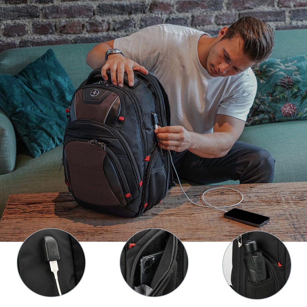 Swissdigital Design Travel Backpack for Women or Men, TSA Friendly USB Charging RFID Protection Business Carry on Bag Fits 15.6" Laptop Backpack Black | J14-BR