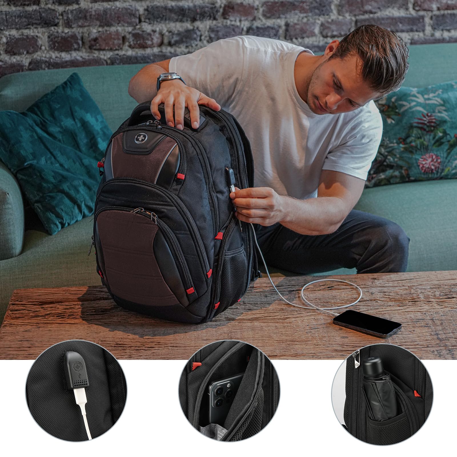 Swissdigital Design Travel Backpack for Women or Men, TSA Friendly USB Charging RFID Protection Business Carry on Bag Fits 15.6" Laptop Backpack Black | J14-BR