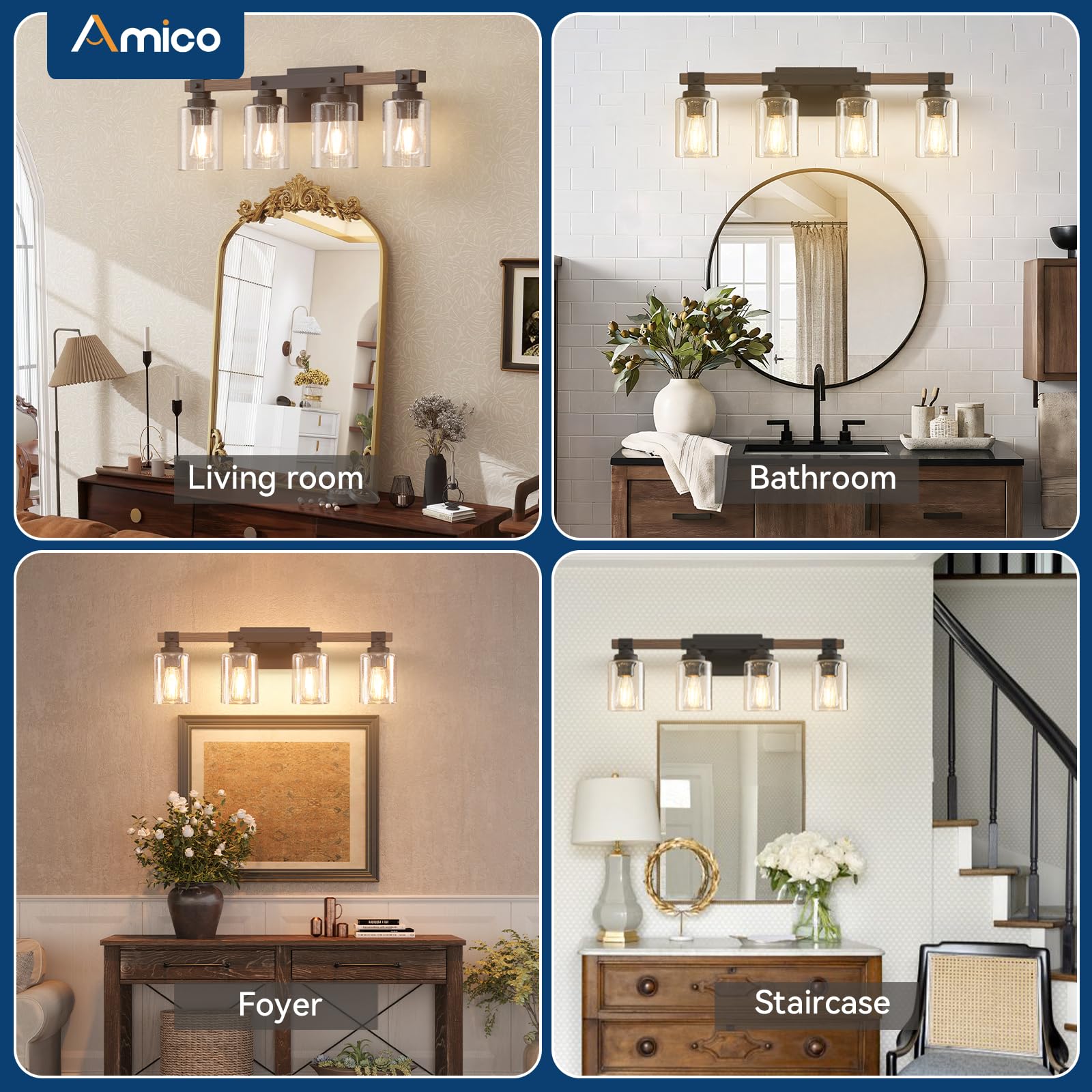 Amico 3-Light Farmhouse Vanity Light Fixture, Rustic Wood Bathroom Light Fixtures, Industrial Vintage Black Wall Sconces Lights with Bubble Glass Shade for Mirror, Bedroom, Living Room, Hallway