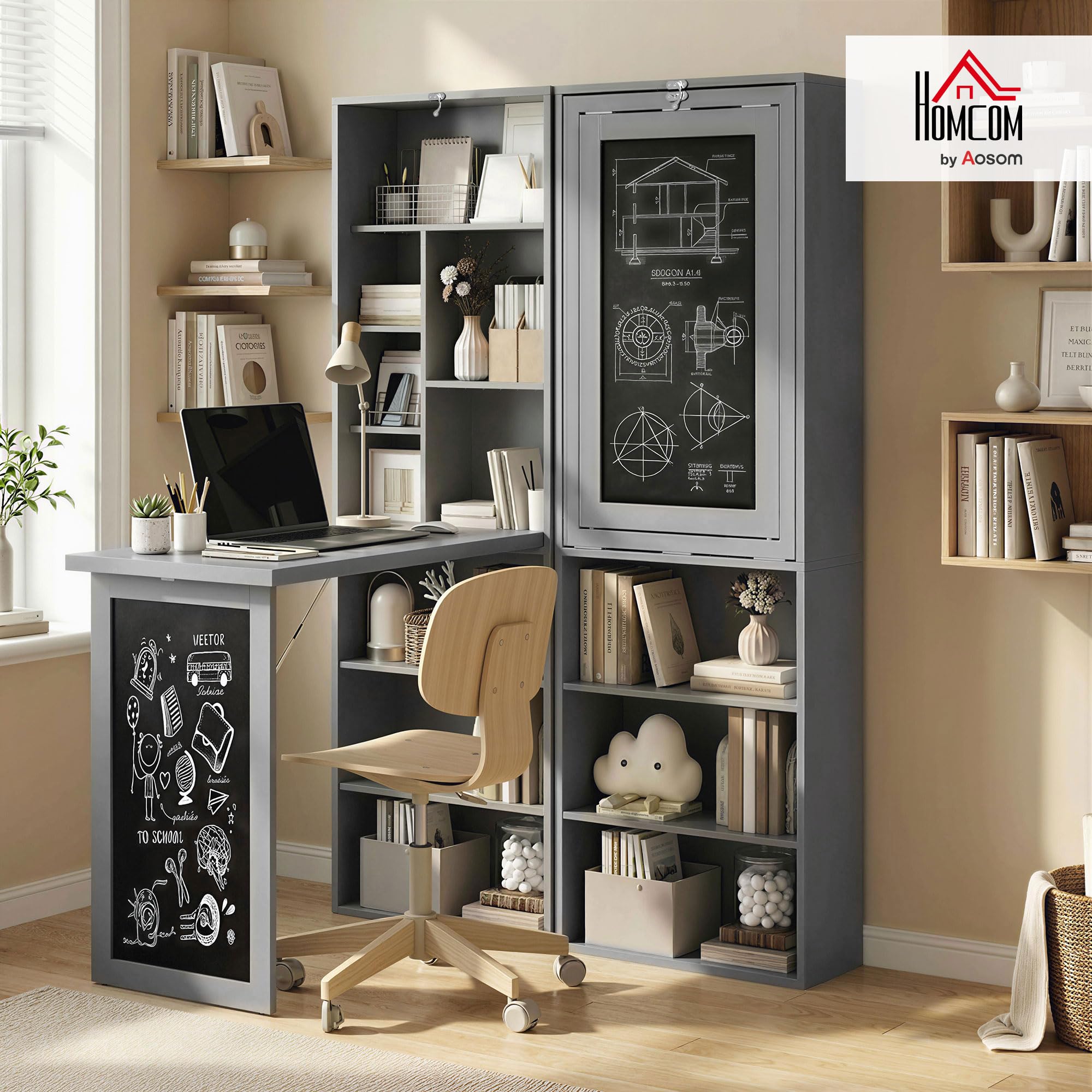 HOMCOM Foldable Convertible Writing Table, Wall Mounted Space-Saving Computer Desk with Chalkboard and Storage Shelves for Small Spaces, Home Office, Bedroom, Dorm, Apartment, Black