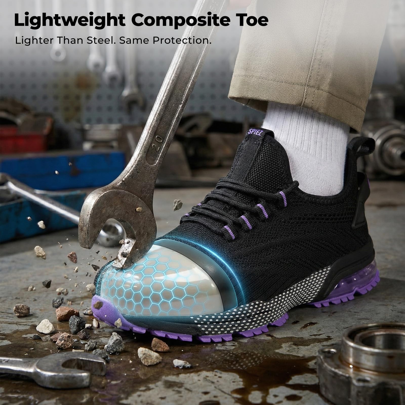 SPIEZ Safety Shoes for Women, Composite Toe Work Shoes with Air Cushioned Comfort, Lightweight Puncture Proof Safety Sneakers for Work and Daily Wear, Black Pink/Purple US4.5–10
