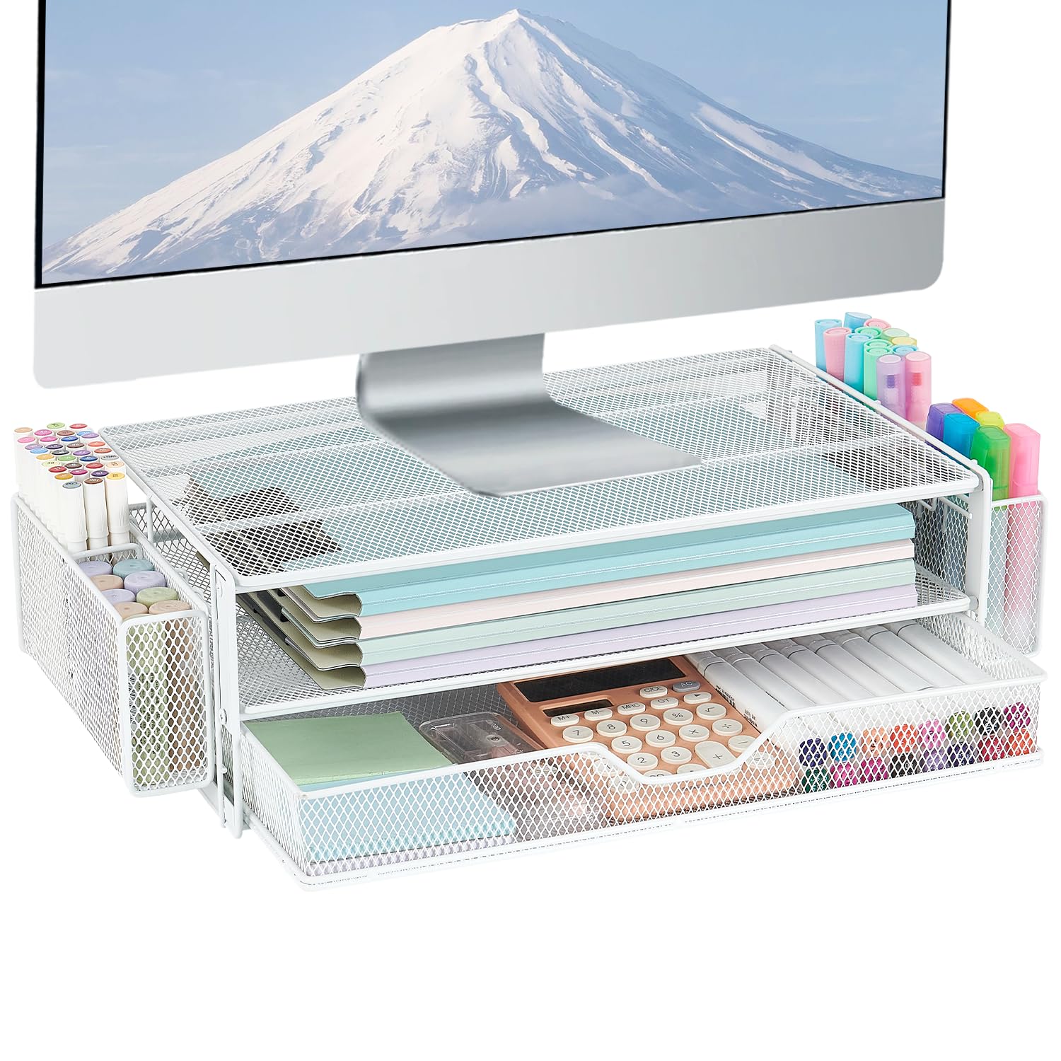 AUPSEN 2 Tier Computer Monitor Stands with Drawer and 2 Pencil Holder, Metal Monitor Stand Monitor riser, Computer Desk Organizer and Accessories for Laptop, Computer, Printer, Office Supplies(Black)