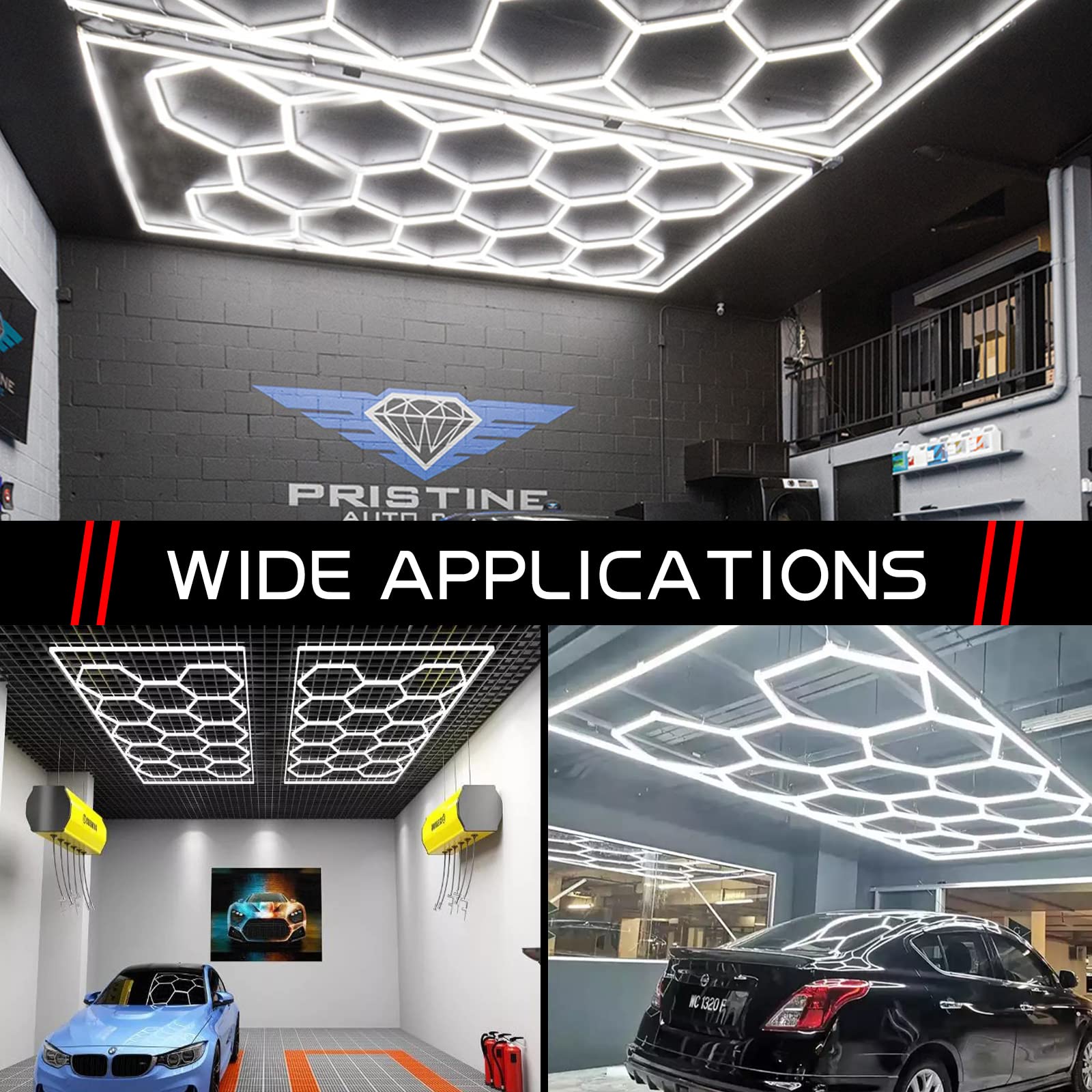 LZHOME LED Hexagon Garage Light: 12700LM Car Detailing Shop Light, DIY Splicing Ceiling & Wall Decor Lights, for Workshop Basement Gym Warehouse Bar Gaming Room