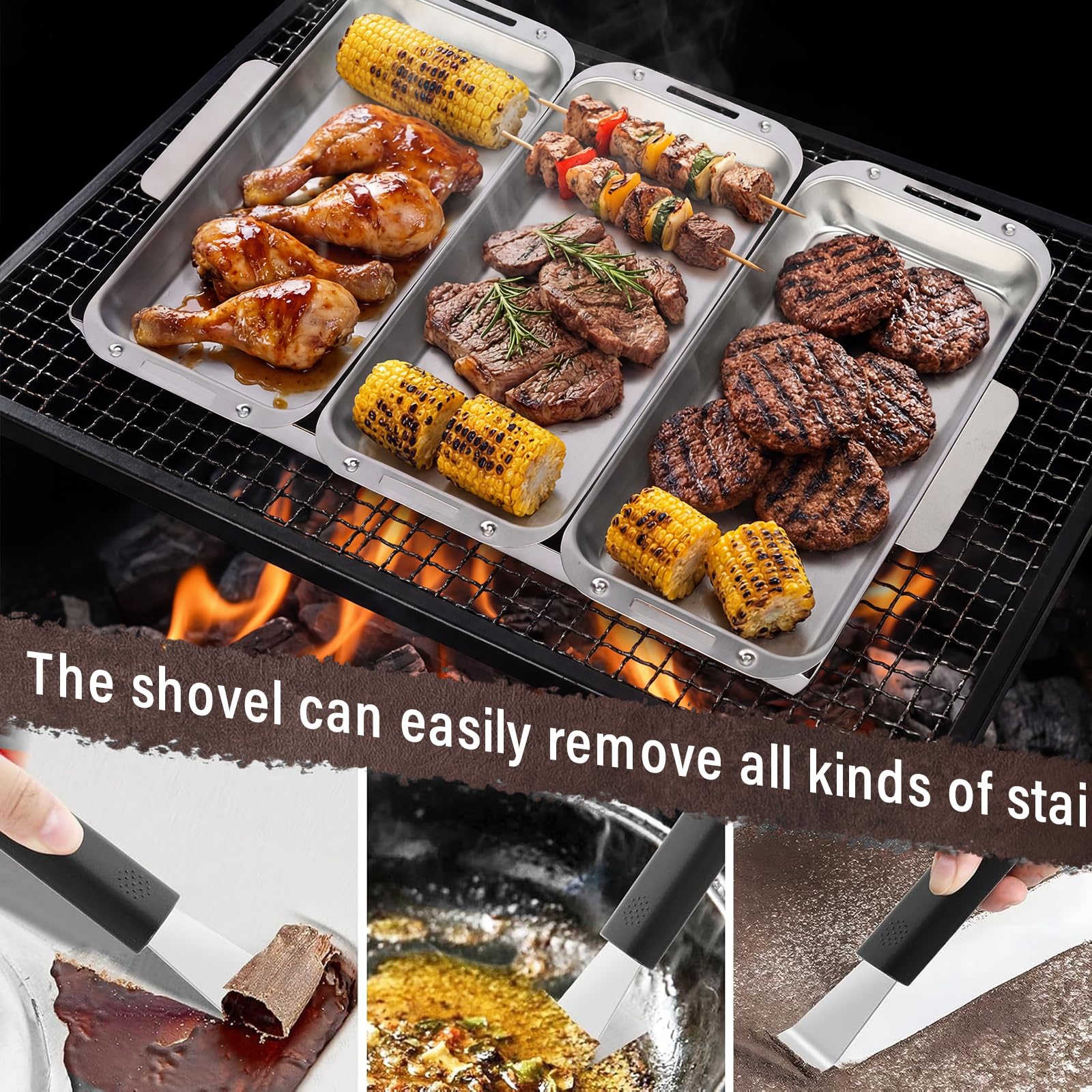 BBQ Vegetable Grill Basket Set, 4 Piece Stainless Steel Grill Pan Set with Universal Handle & lid, Dishwasher Safe, for Outdoor Cooking, Camping, Picnic, For Grilling Fish Veggies & Meats