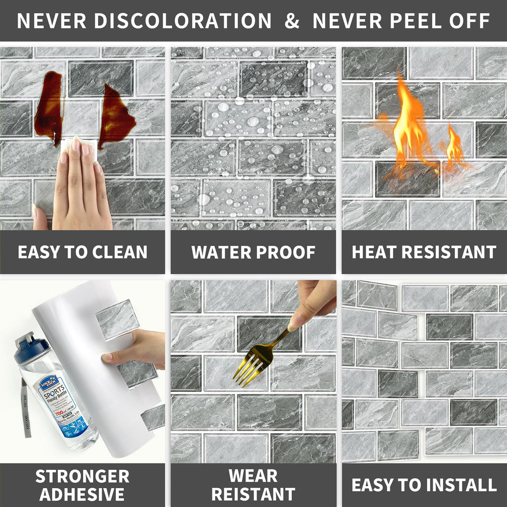 URCOLOR 10-Sheet Back Splashes for Kitchens Peel and Stick,12"x12" Self Adhesive Subway Wall Tiles Stick on backsplash Tiles for Bathroom Black Marble