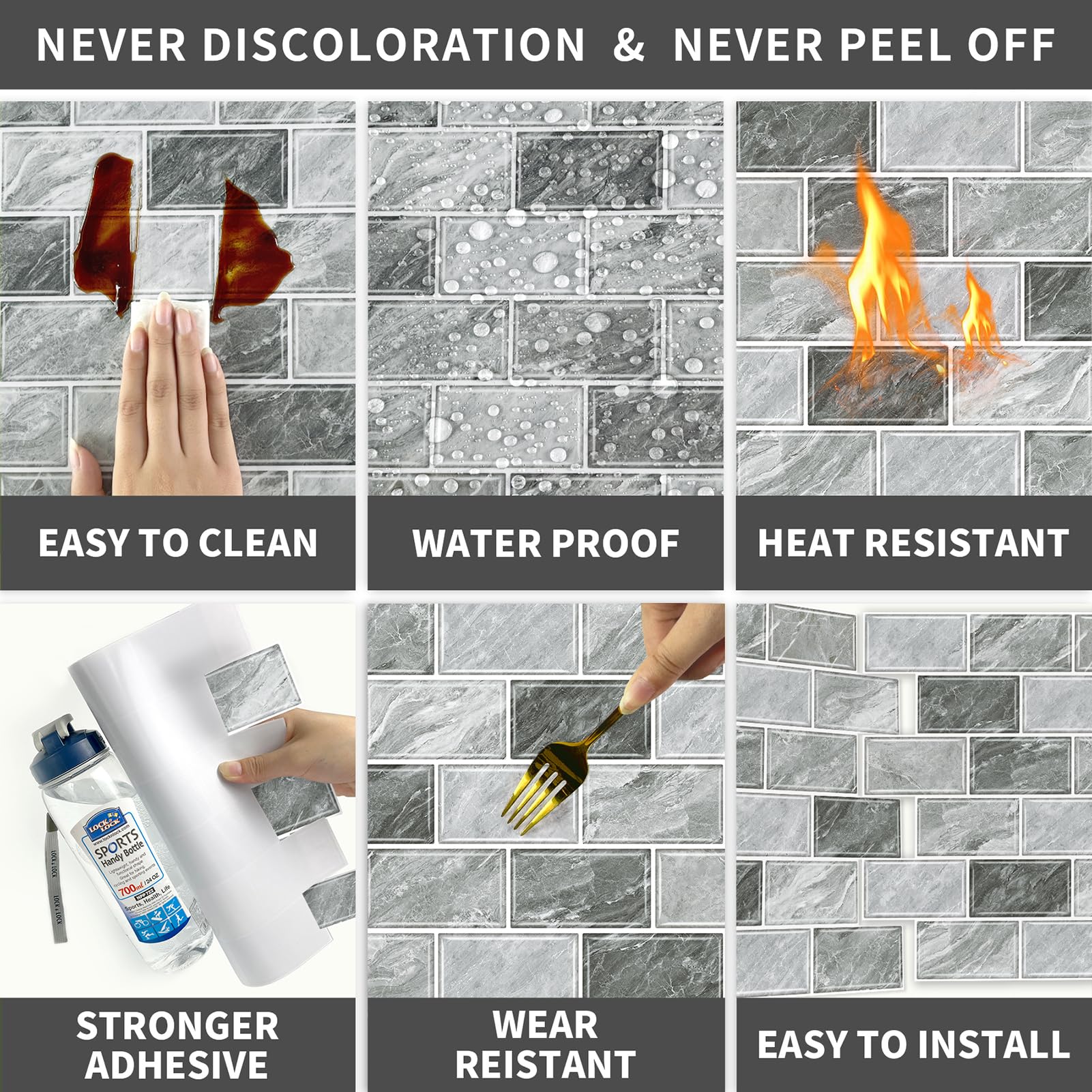 URCOLOR 10-Sheet Back Splashes for Kitchens Peel and Stick,12"x12" Self Adhesive Subway Wall Tiles Stick on backsplash Tiles for Bathroom Black Marble