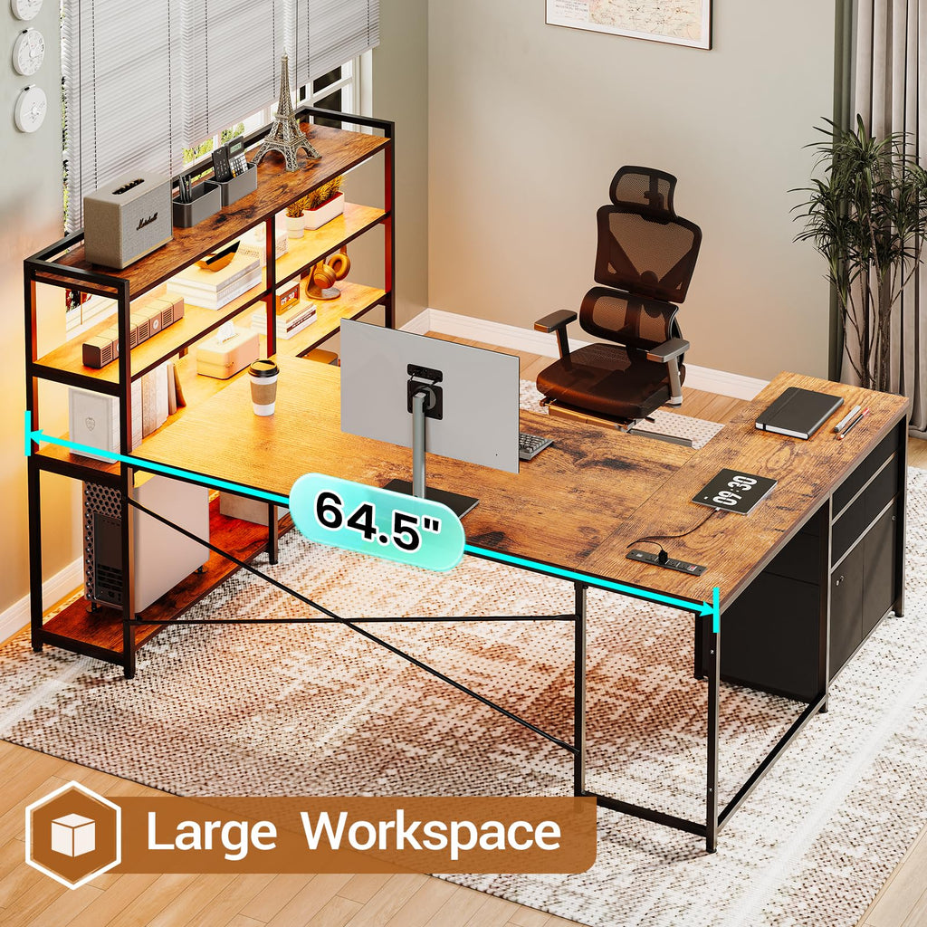 SEDETA L Shaped Gaming Desk, Reversible U Shaped Computer Desk with Power Outlet and Storage Shelves, Corner Gaming Desk with LED Lights, 3 Fabric Drawers, Black