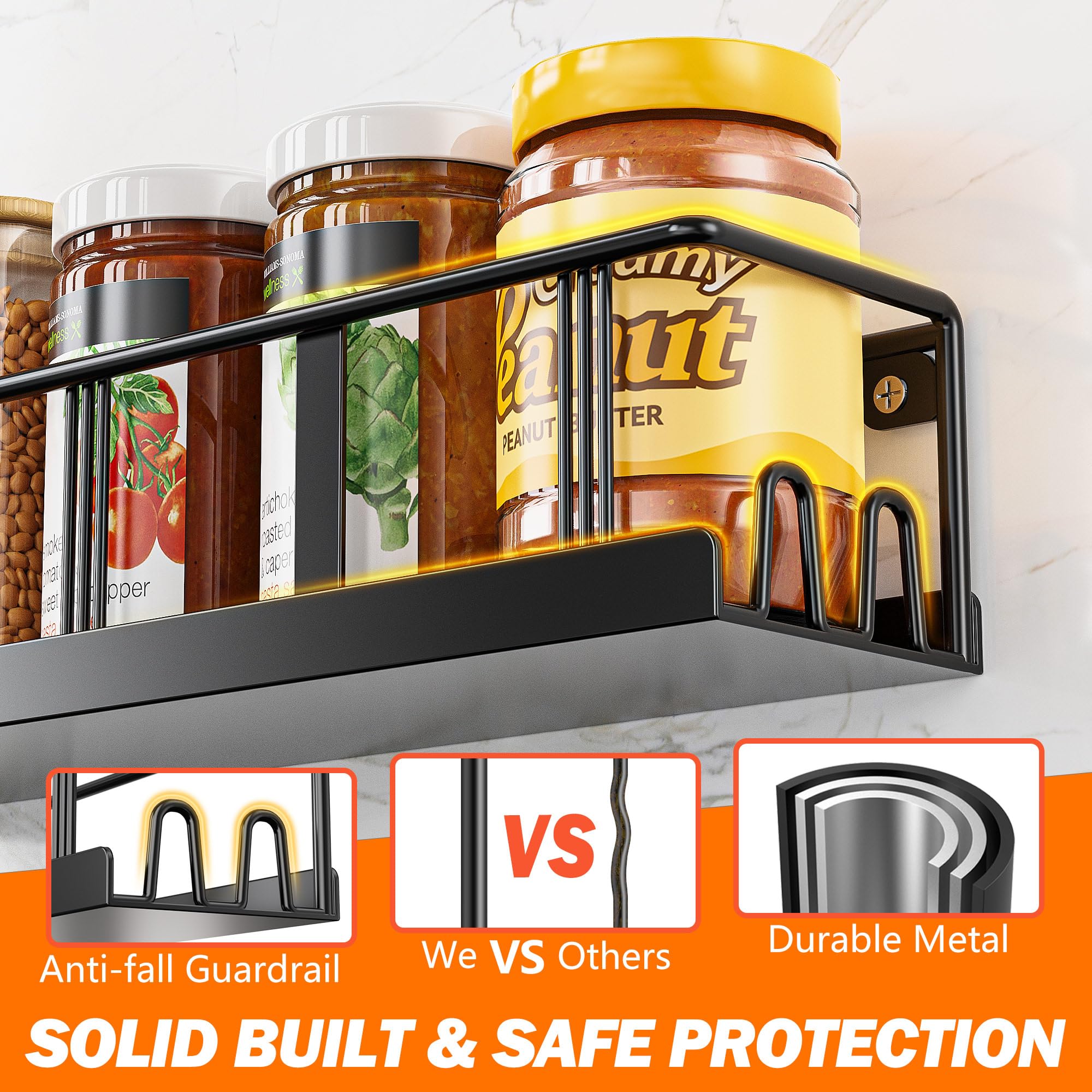 Bunoxea Spice Rack Wall Mounted 2 Pack,RV Spice Rack,Black | 8 Built-in Hooks,2 Versatile Sizes, Space-Saving,Flat Base, Screw or Adhesive, For Kitchen Cabinet, Pantry Door,Stove,RV