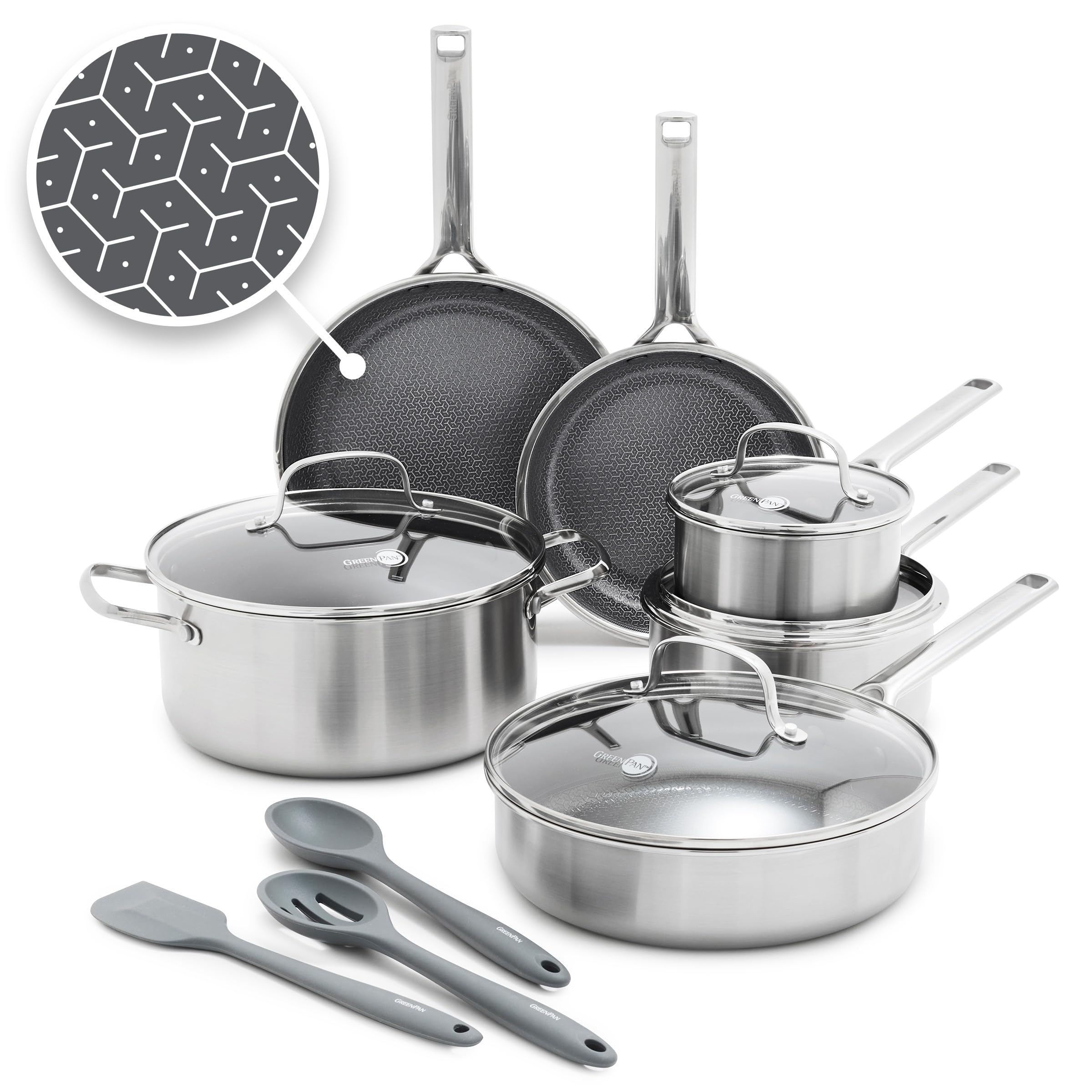 GreenPan Hybrid 9.5” & 11” Nonstick Stainless Steel Frying Pan Set, APEX Tri-Ply Thermobond PFAS-Free Ceramic Skillets, Induction & All Cooktop Compatible, Oven Temp to 850°F, Dishwasher Safe, Gold