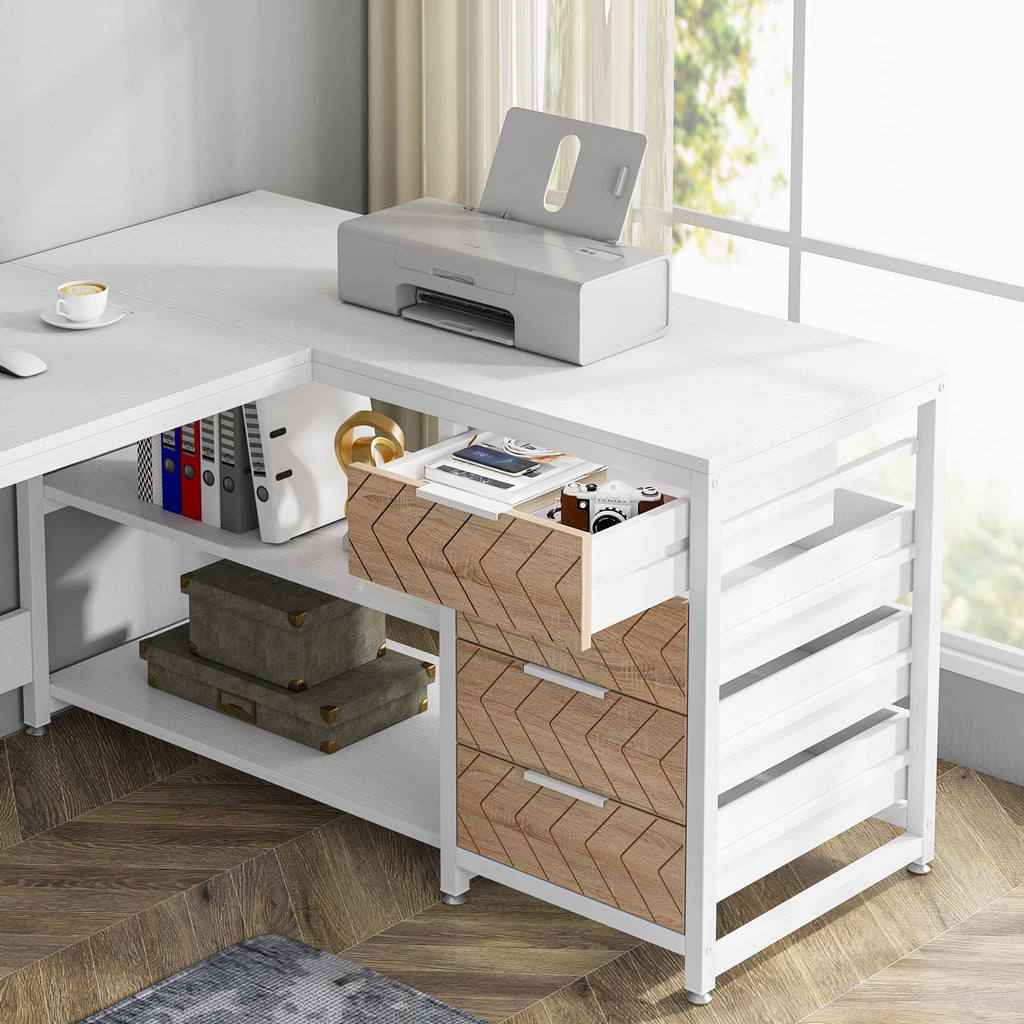 LITTLE TREE 59-Inch L Shaped Desk with Drawers, Large Computer Desk with Storage Shelves, Reversible L-Shaped Corner Desk Workstation for Home Office