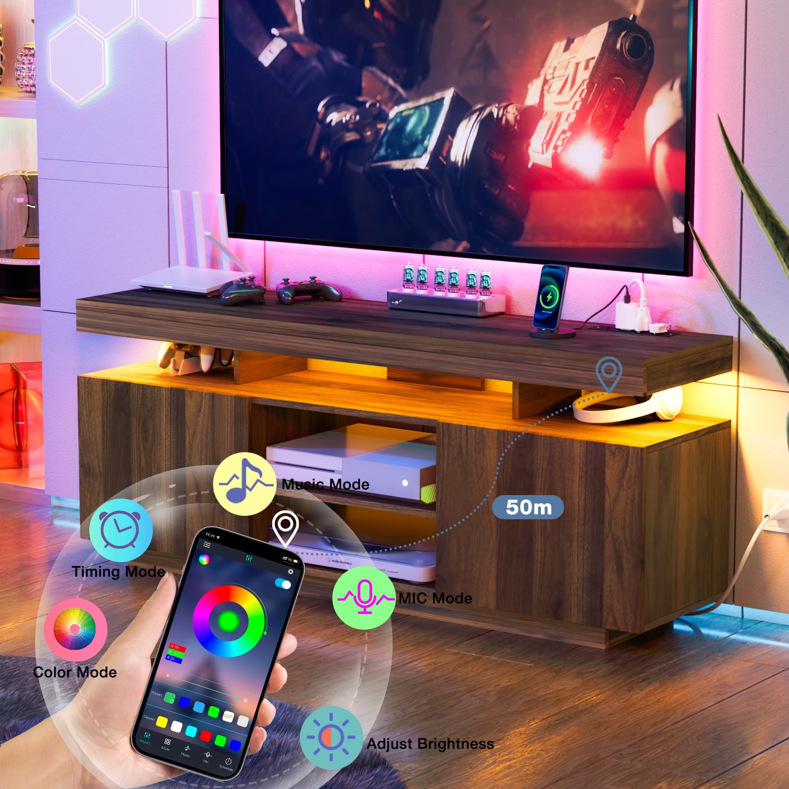 HOMMPA Modern LED TV Stand for 55 Inch TV, Black Tall TV Console with Power Outlet, Entertainment Center with Storage, High Gloss Gaming Media Console Cabinet for Living Room (47 Inch)