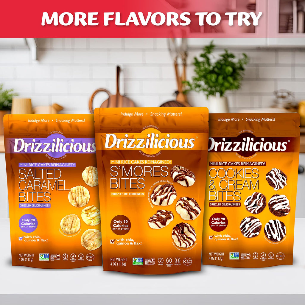 Drizzilicious Mini Flavored Rice Cakes - Rice Crisps, Healthy Snack for Adults and Kids, Vegan, Gluten Free Snack, 90 Calories Per 21 Pieces, S'mores & Cinnamon Swirl - 4 oz (Pack of 6)
