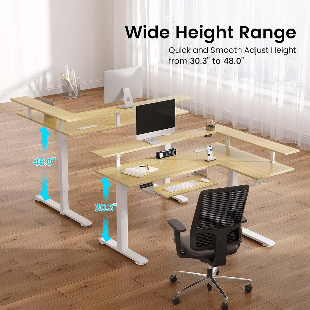 Rolanstar L Shaped Standing Desk with Keyboard Tray, Height Adjustable Corner Desk with LED Light & Power Outlet, Electric Sit Stand Computer Desk with Monitor Stand, Beige