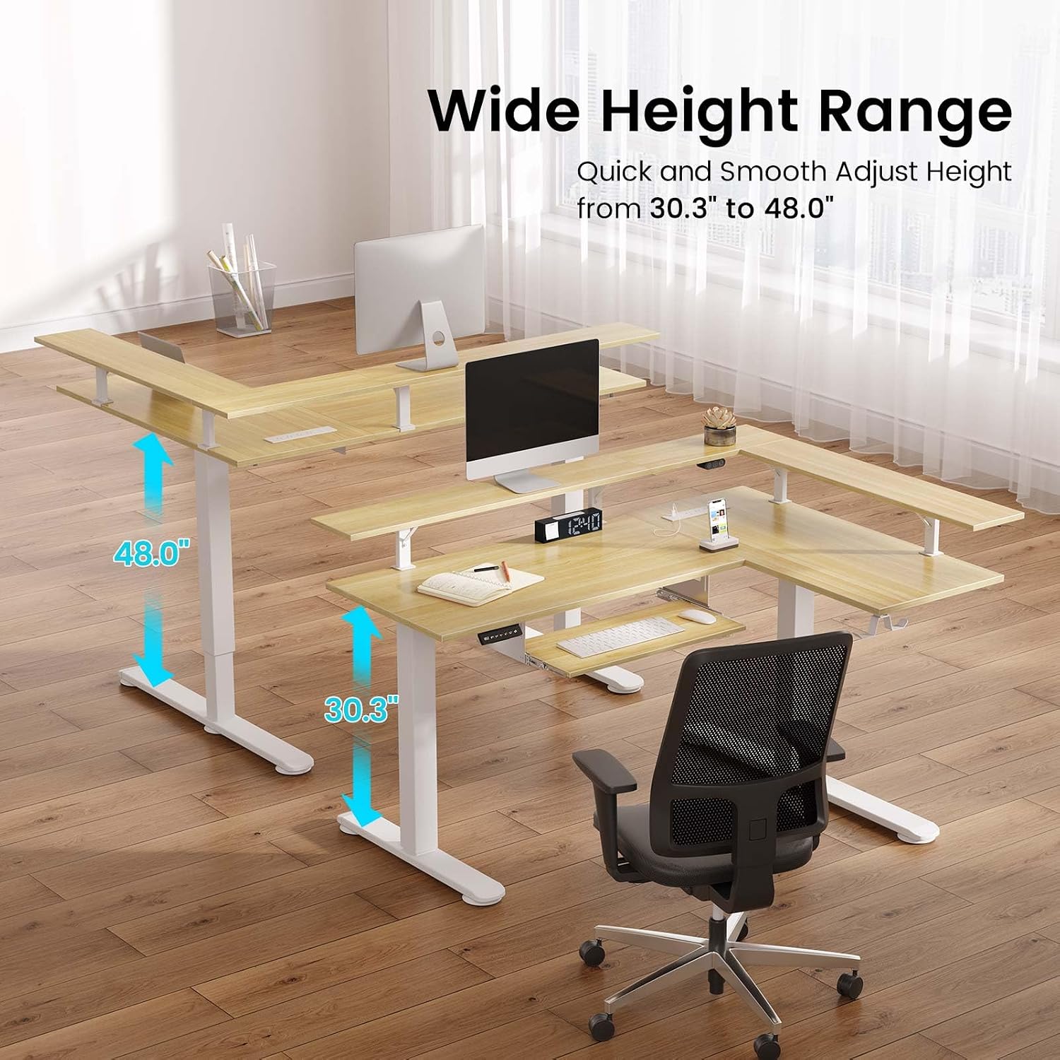 Rolanstar L Shaped Standing Desk with Keyboard Tray, Height Adjustable Corner Desk with LED Light & Power Outlet, Electric Sit Stand Computer Desk with Monitor Stand, Beige