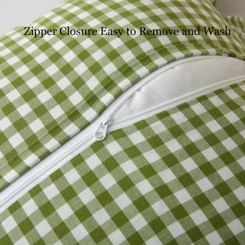 Silnuo Green/White Plaid Ruffled Queen Size Pillow Shams Set of 2,Washed Cotton Shabby Checkered Gingham Farmhouse Bed Pillow Covers 20"x30"