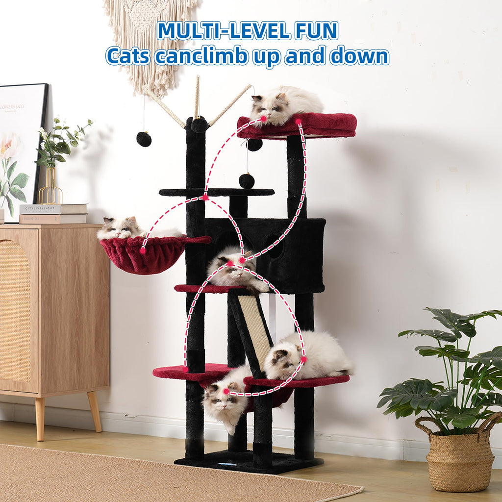 Hey-brother Cat Tree, 53 inch Cat Tower for Indoor Cats, Cat House with Padded Platform Bed, Toy Balls, Large Cozy Condo, Hammocks and Sisal Scratching Posts, Beige MPJ019-SM