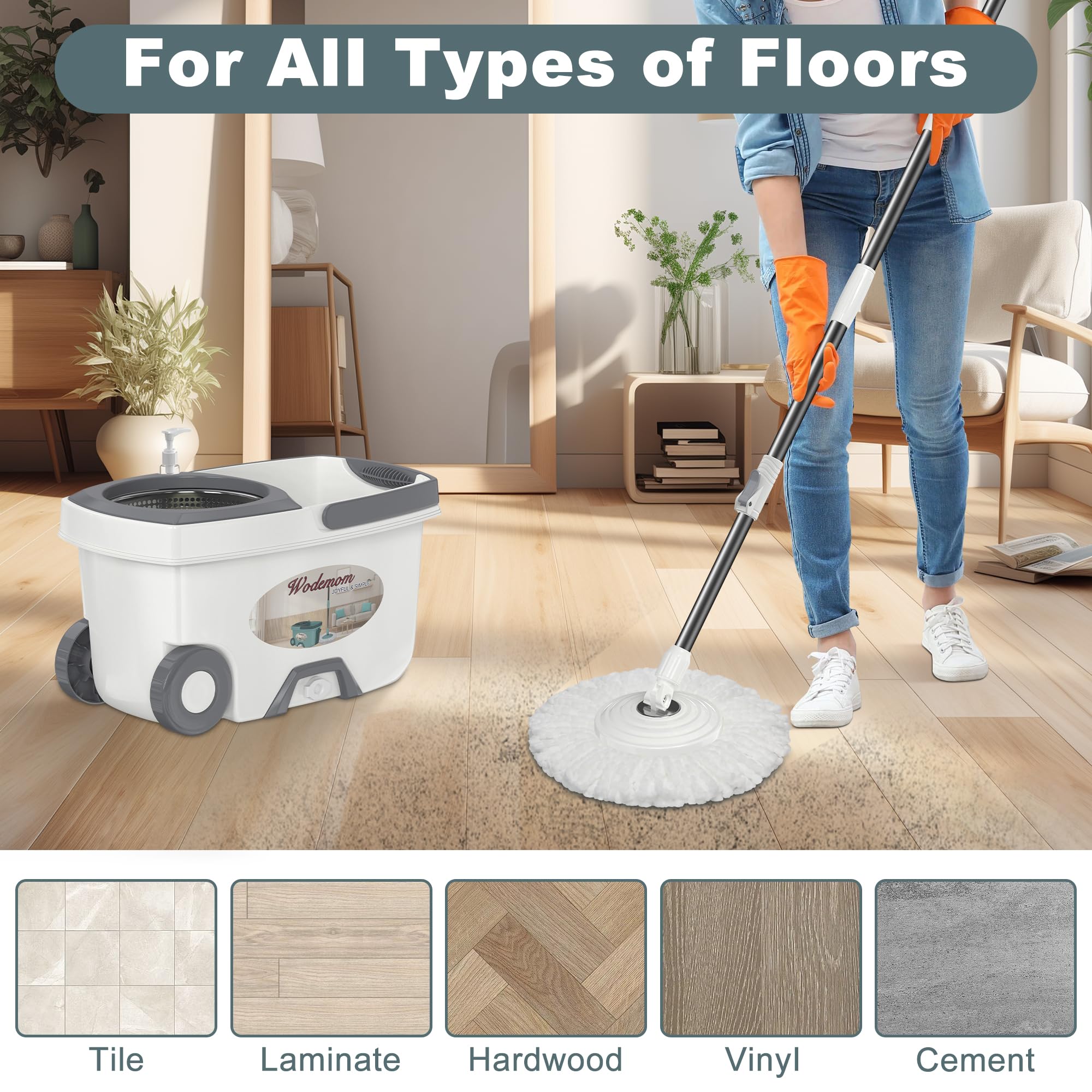 Dual Compartment Spin Mop and Bucket, Mop and Bucket with Wringer Set,360°Rotating Spinning Mopping for Floor Cleaning with 6 Microfiber Replacement Heads, 61" Extended Handle, 2X Wheel - Deep Green