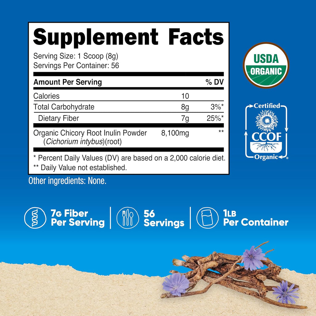 Nutricost Organic Inulin Powder 1LB (454 Grams) 7 Grams of Fiber Per Serving - from Chicory Root - Certified USDA Organic