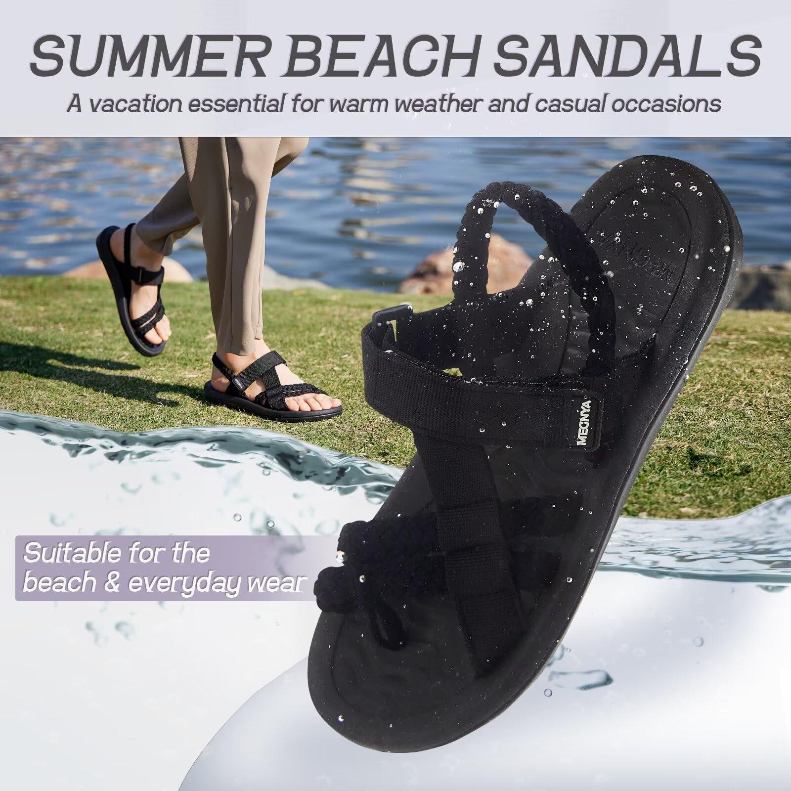 MEGNYA Hiking Sandals for Womens, Comfortable Walking Flip Flop Sandals with Arch Support, Athletic Sandals with Hook and Loop Straps for Beach Vacation Adventure