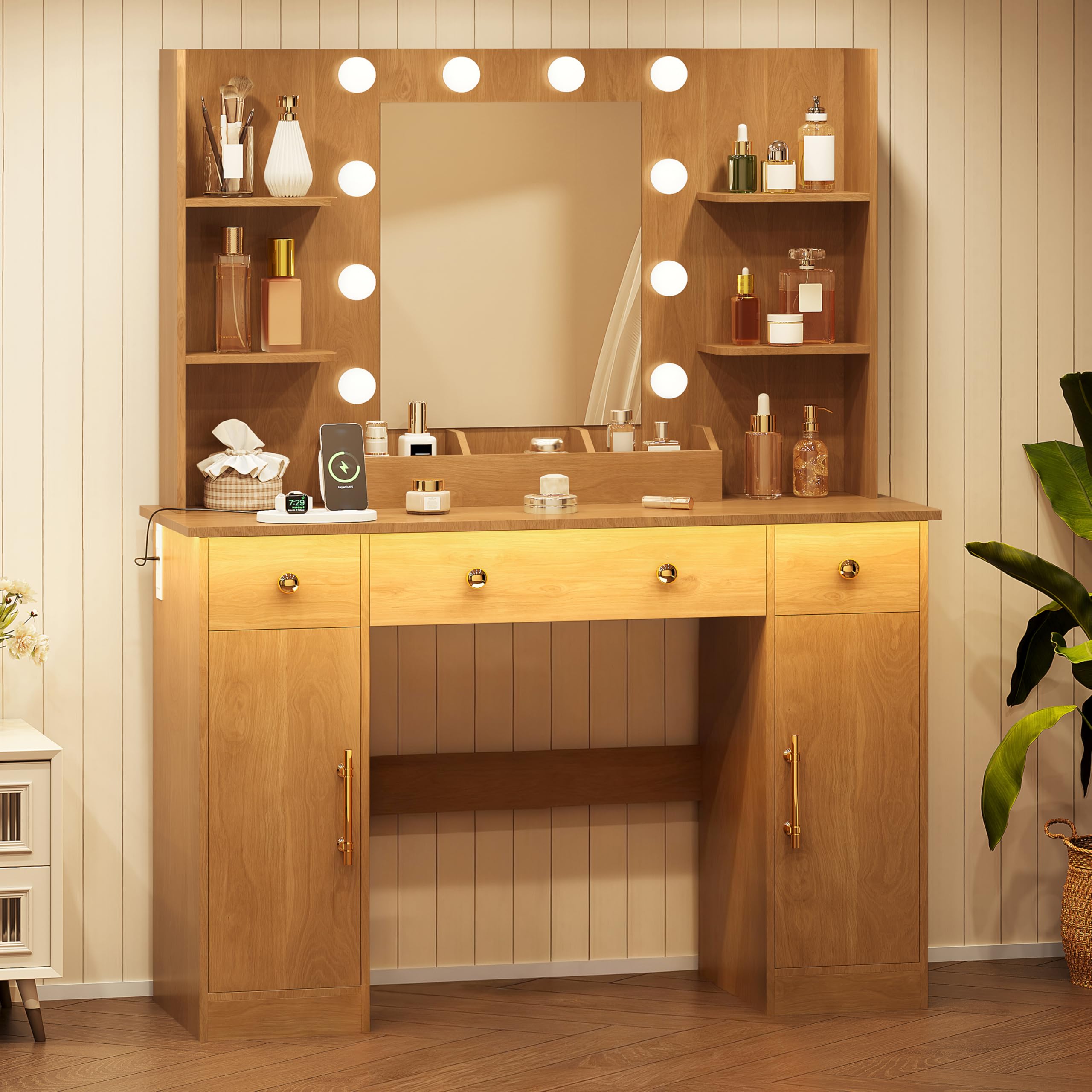 HUANLEGO Vanity Desk with Mirror and Lights, Makeup Vanity with Mirror and LED Lights & Power Outlet, 3 Drawers and Cabinets, 3 Lighting Modes Dressing Table Set for Girls Women Bedroom,Oak