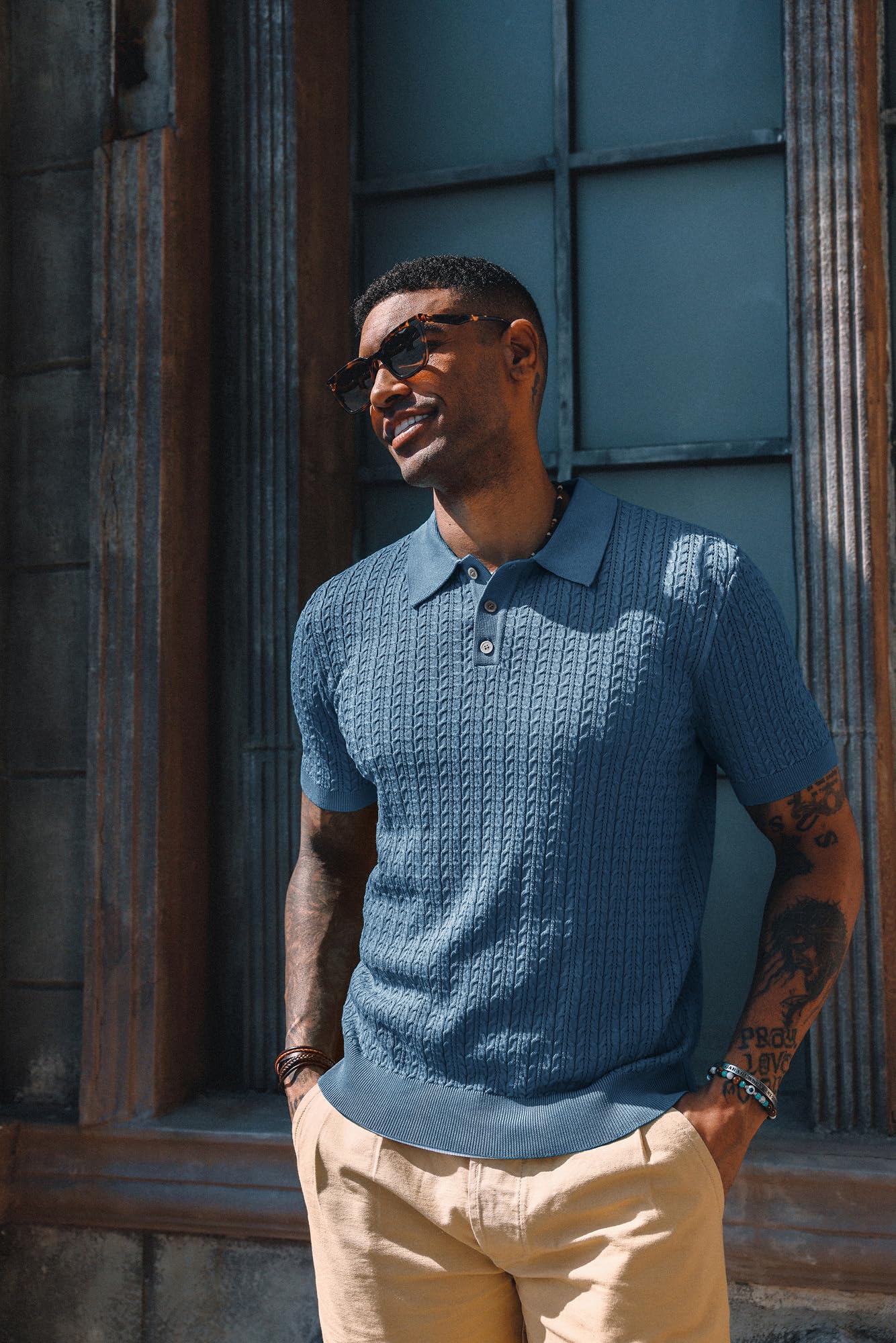 PJ PAUL JONES Mens Knit Polo Shirt Short Sleeve Hollow Out Knit Shirt Texture Knitted Polo