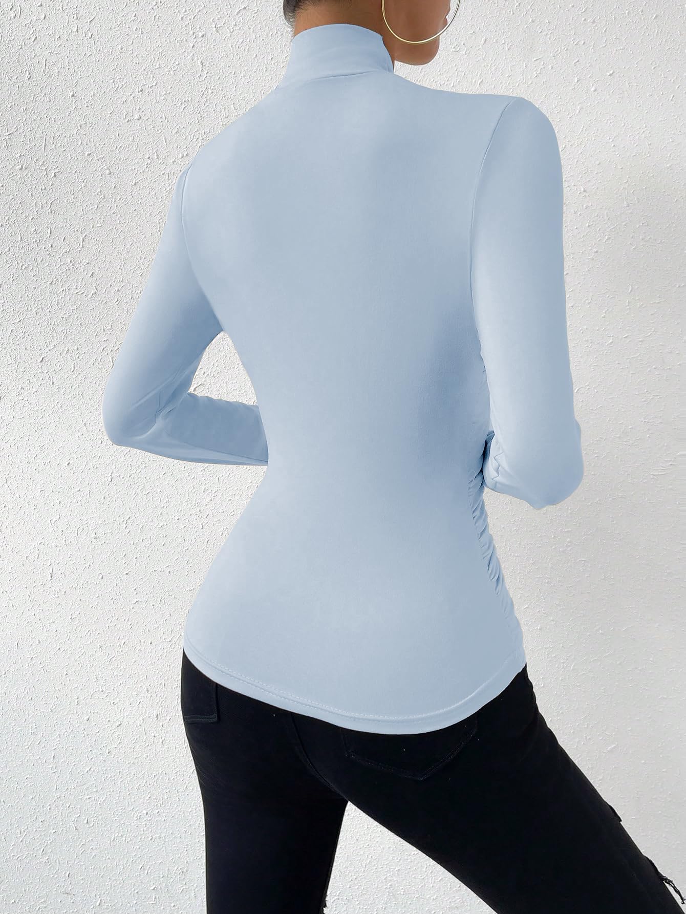 SweatyRocks Women's Ruched Mock Neck Long Sleeve T Shirt Solid Slim Fitted Tee Tops