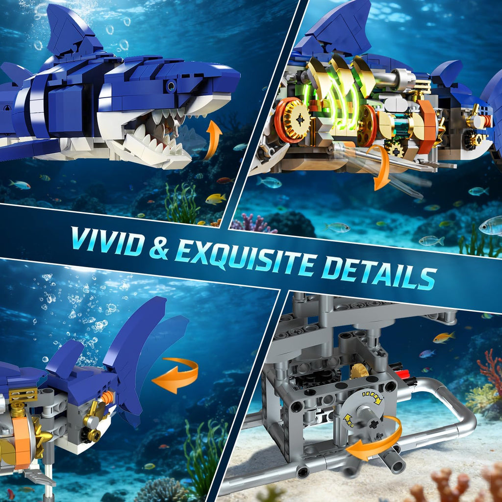 INSOON Mechanical Shark Building Set with LED Light, 687 PCS Interactive Building Block Model with Display Stand, Movable Ocean Animal STEM Toy, Home Decor Gift for Adults Teens Kids Boys Ages 8-12+