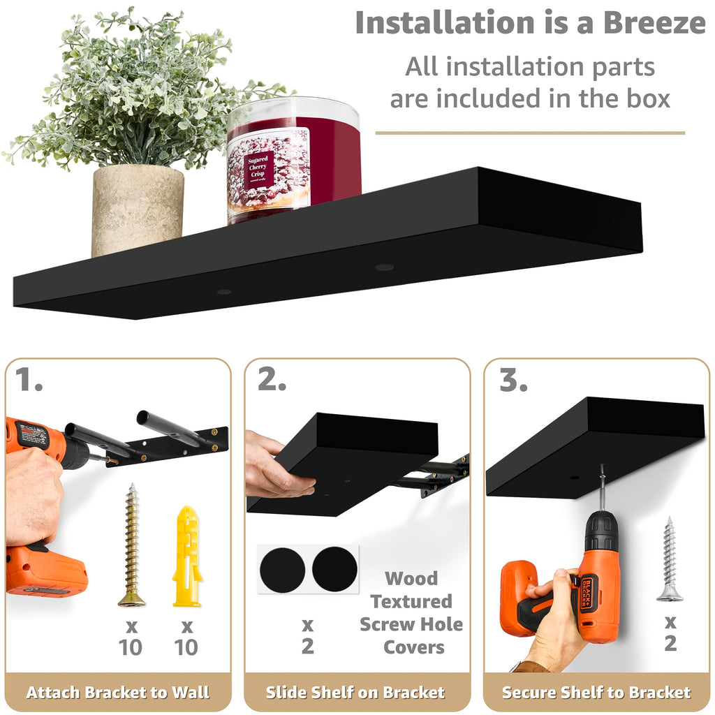 Sorbus Floating Shelves for Wall - 24" Bathroom Shelves, Wall Decor for Bedroom, Kitchen, Living Room, Home Decor & Book Storage - Mounted Floating Shelf with Invisible Brackets (Black, 2 Pack)