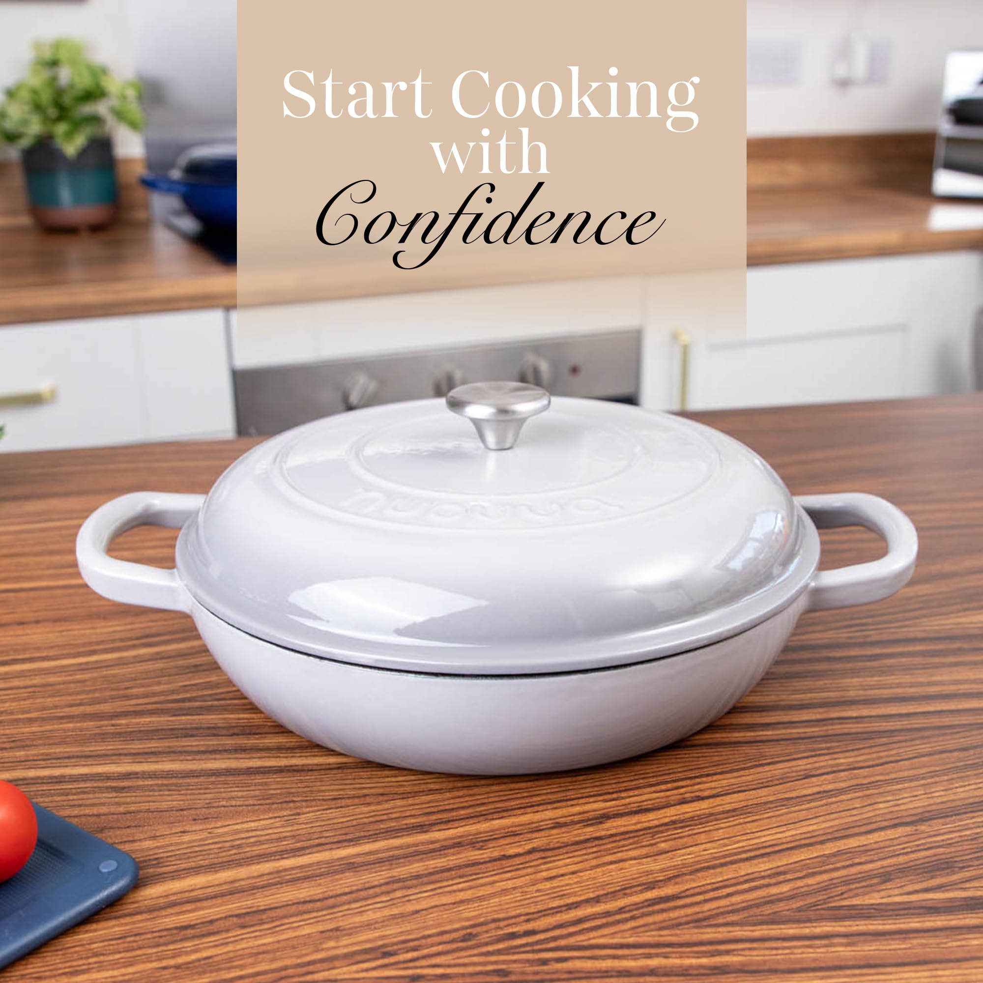 Shallow Cast Iron Casserole with Lid – Non Stick Dutch Oven Pot, Oven Safe up to 500° F – Sturdy Ovenproof Stockpot Cookware – Enamelled Cooking Pot – Black, 5-Quart, 32cm – by Nuovva