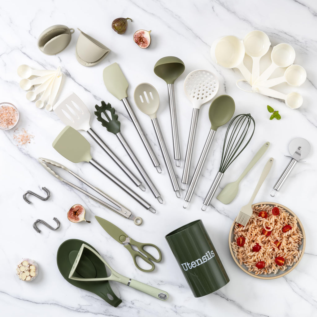 COOK WITH COLOR Silicone Cooking Utensils, Kitchen Utensil Set, Easy to Clean Silicone Kitchen Utensils, Cooking Utensils for Nonstick Cookware, Kitchen Gadgets Set with Holder, 10 Pieces