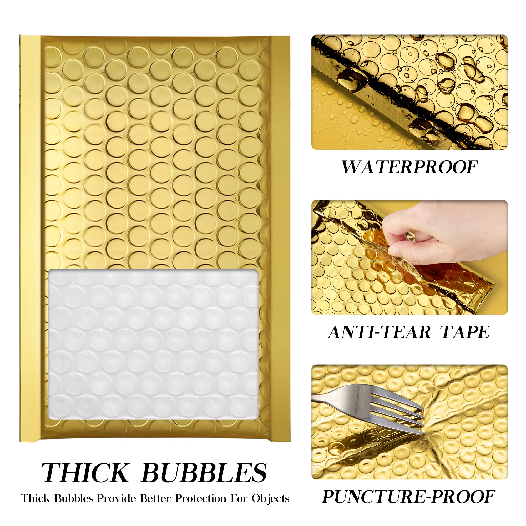 Fuxury Gold Bubble Mailers 4x8" 50 Pack, Usable Size 4X7" Strong Adhesion Metallic Bubble Envelopes,Waterproof Padded Envelopes Small Padded Mailer, Cute Packing for Jewelry, Makeup Supplie,Bulk #000