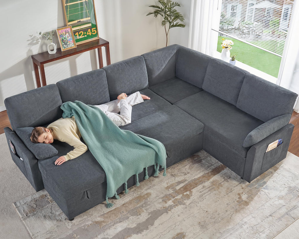 PaPaJet Sofa Bed, Sleeper Sofa with Storage Chaise, L Shaped Sofa with Pull Out Bed, Oversized Sofas for Living Room, Beige