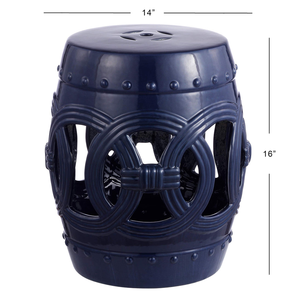 JONATHAN Y Lucky Coins 16" Ceramic Garden Stool, Contemporary Blue/White Cutout Interlocking Rings Drum Indoor/Outdoor Side Table and Plant Stand for Patio, Garden, Living Room TBL1027A