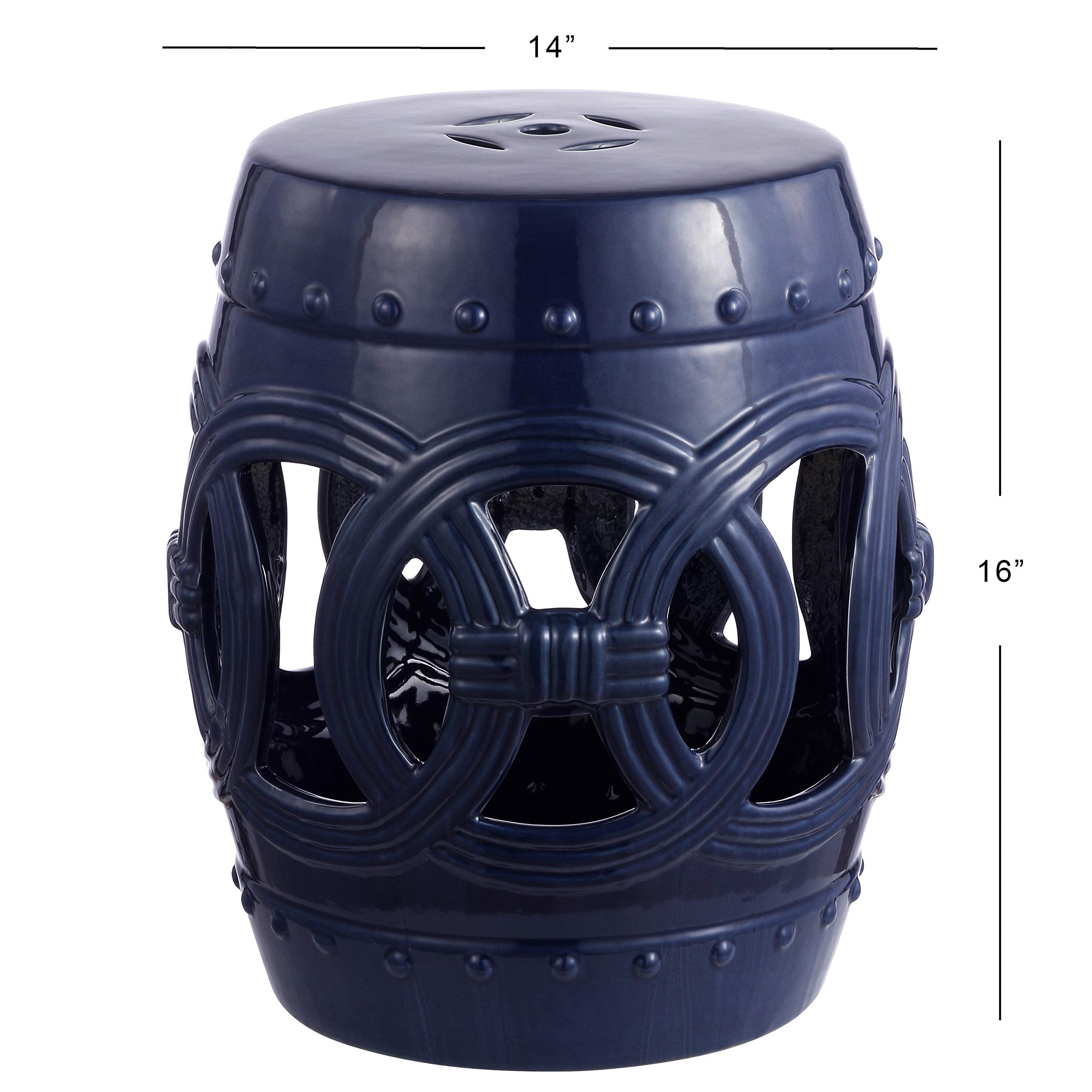 JONATHAN Y Lucky Coins 16" Ceramic Garden Stool, Contemporary Blue/White Cutout Interlocking Rings Drum Indoor/Outdoor Side Table and Plant Stand for Patio, Garden, Living Room TBL1027A