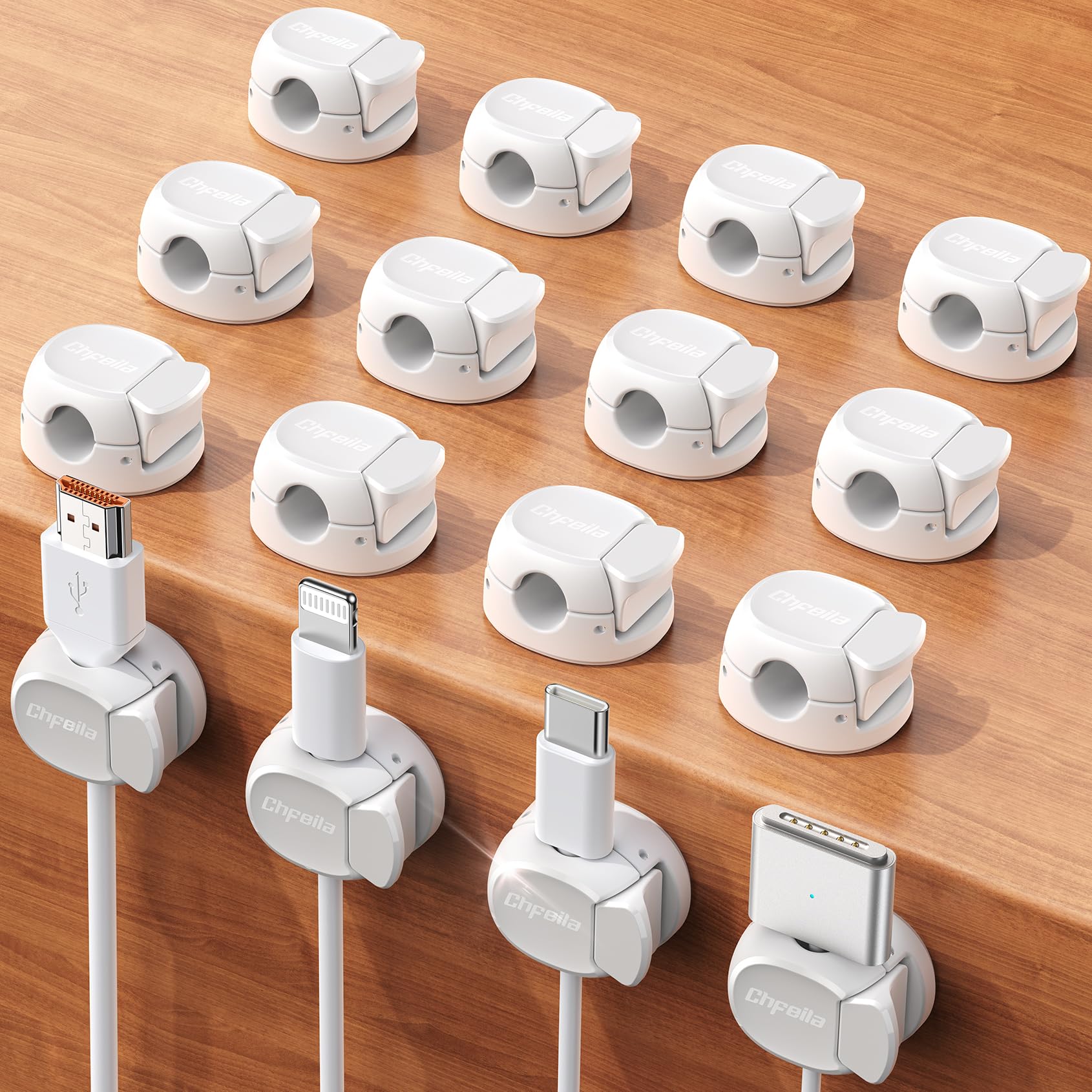 Cable Clips - Chfeila Latest Dual Spring Cord Organizer with Clasp Lock, 6Pack [Max Stability] Desk Cable Management, Adhesive Phone Charging Wire Holder for Nightstand/Car/Wall, Office Accessory