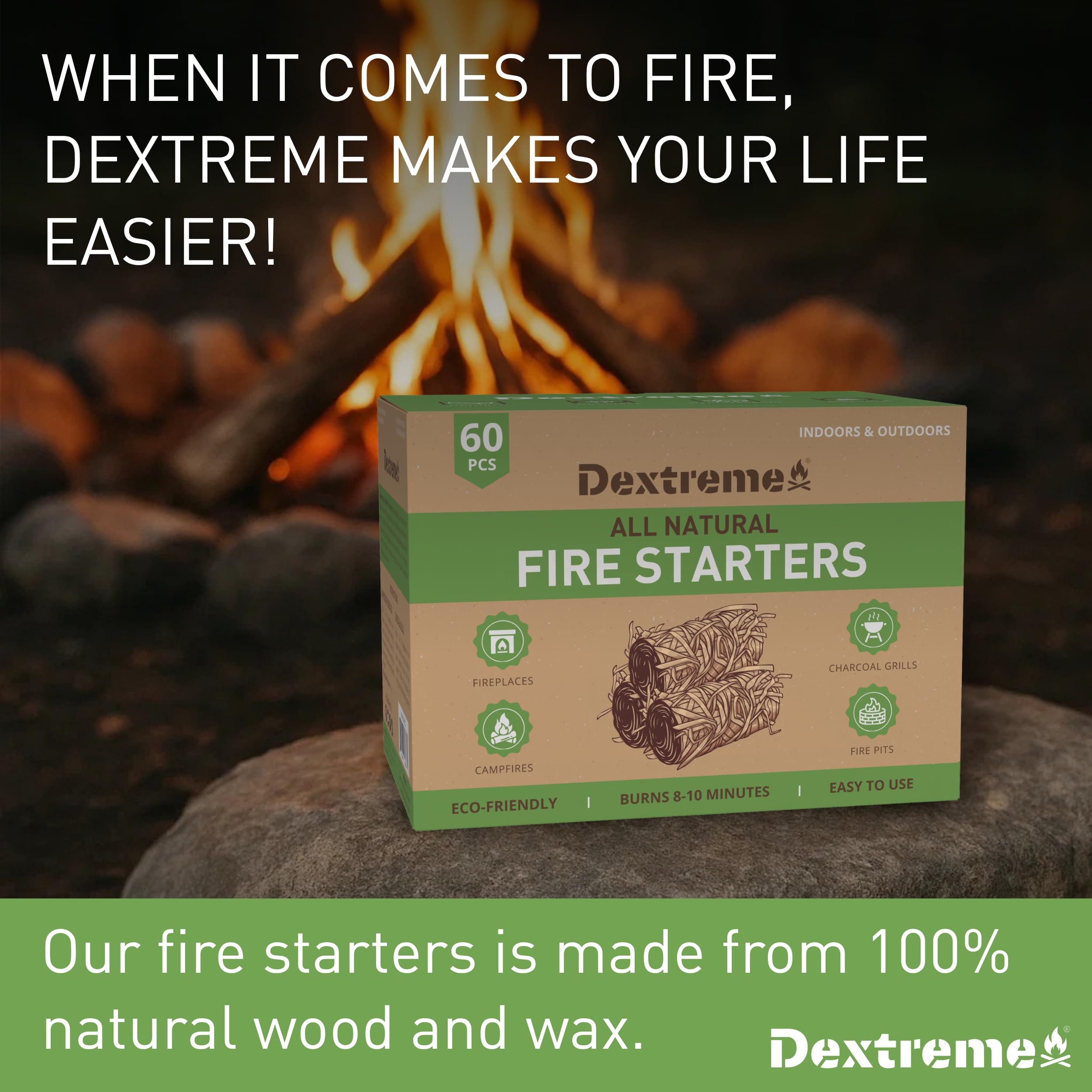 Dextreme Fire Starter (60 PCS) Natural Fire Starters for Campfire, Charcoal Starter, Fireplace, Wood Stove, BBQ, Chimney, Fire Pit, and Grill | All Weather, Odorless, Non-Toxic, w/10 Min Burning Time