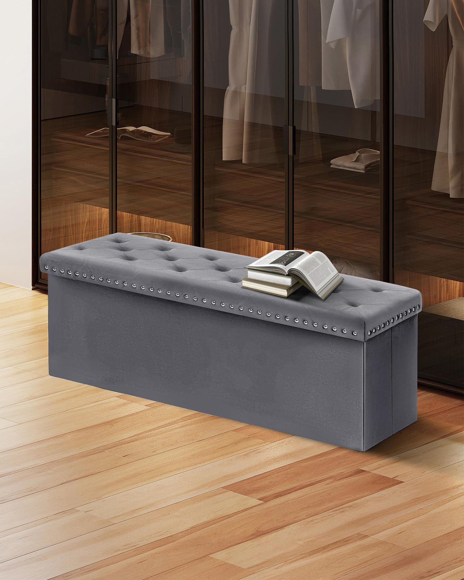 B FSOBEIIALEO Storage-Ottoman Cube-Folding Tufted - Ottomans with Storage, Coffee Table Top Cover, Storage Boxes Footrest Stool for Bedroom, Luxury Velvet Fabric 15.7 Inches Black