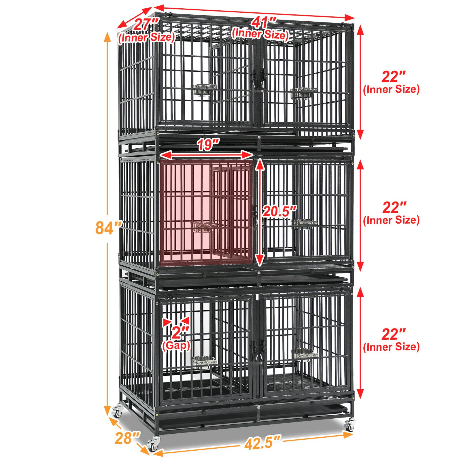 Homey Pet 37 inch Stackable Heavy Duty Dog Crate, Indestructible Escape Proof Dogs Cage Kennel with Lockable Wheels, Removable Tray & Metal Grid, Double Doors for High Anxiety Medium/Small Dogs